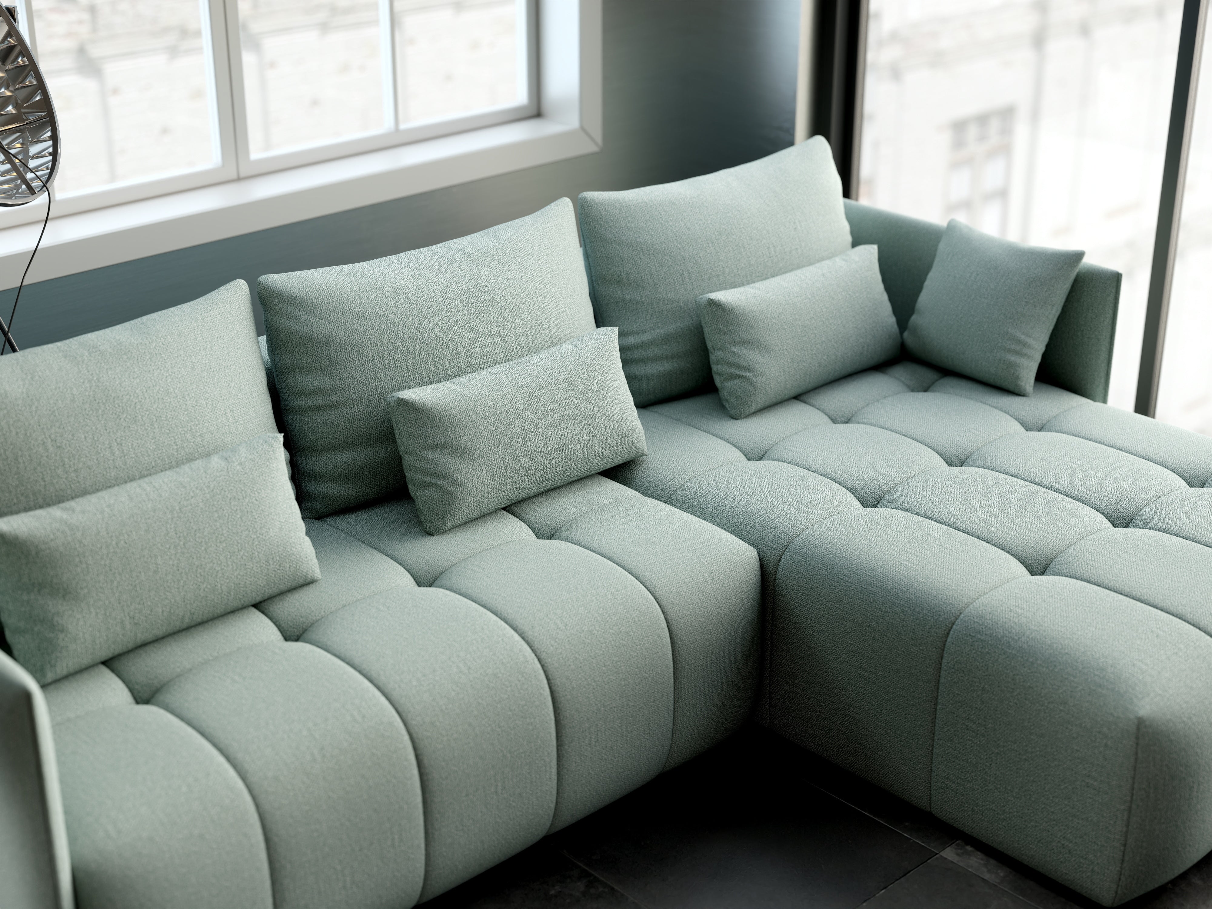 Colțar extensibil dumonde cu ladă de depozitare si sezut confortabil din spuma HR, Malta Enjoy Mint II 235x185 cm Fabrica