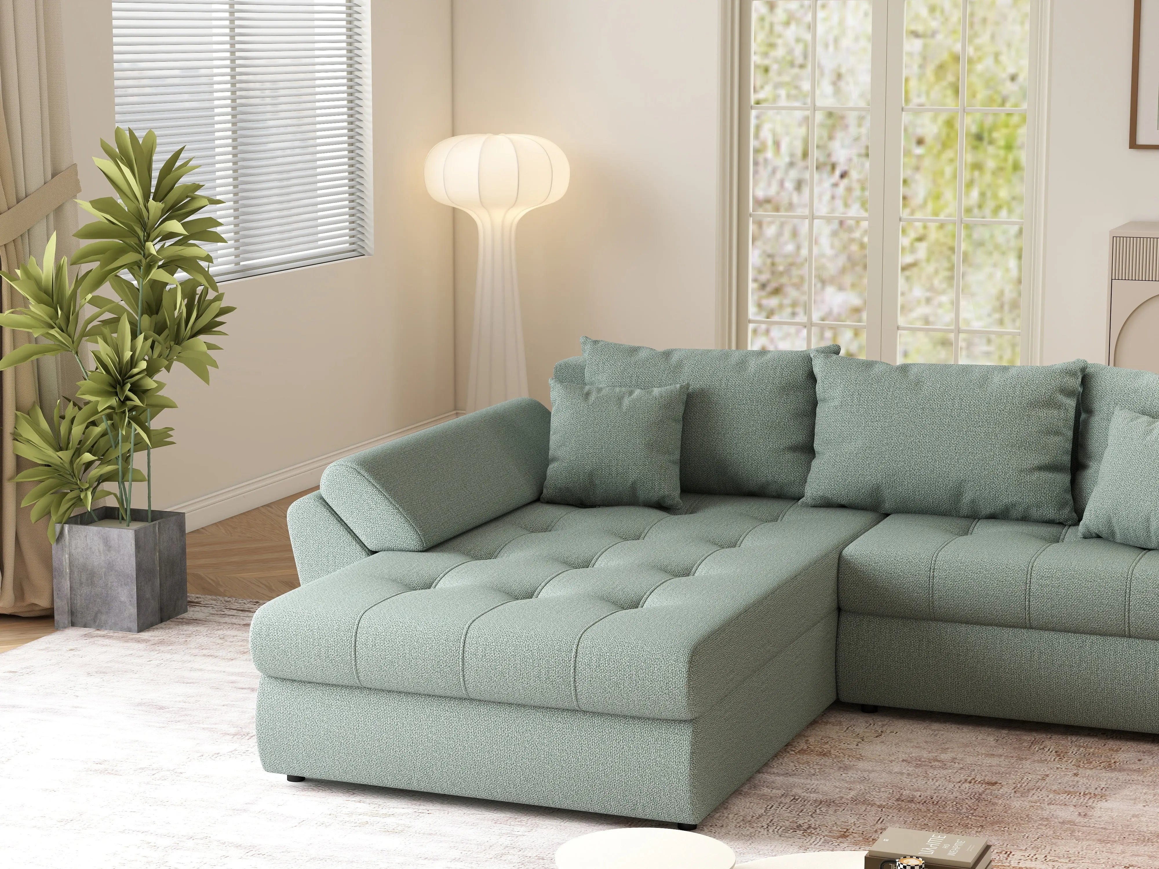 Colțar extensibil dumonde cu ladă de depozitare si sezut confortabil din spuma HR, Loana Mint 270x185 cm Fabrica