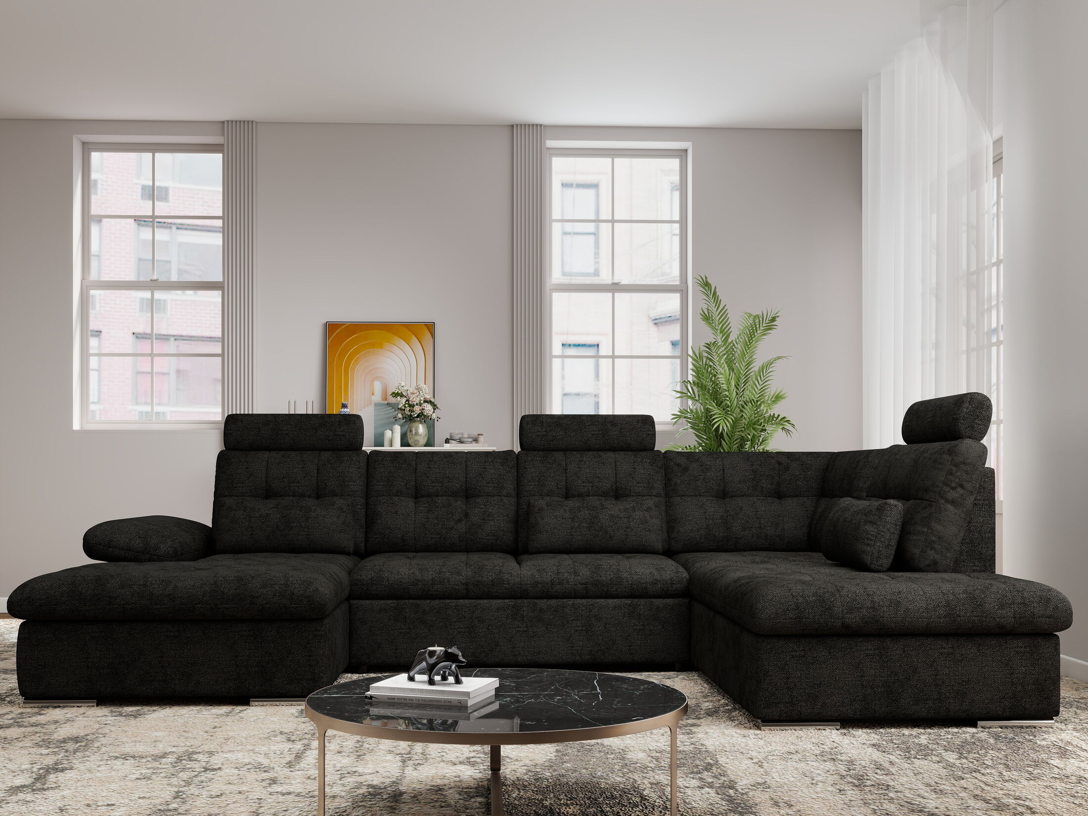 Colțar extensibil dumonde cu ladă de depozitare și șezut confortabil din spumă HR, Merkur U Enjoy Negru 324x218 cm