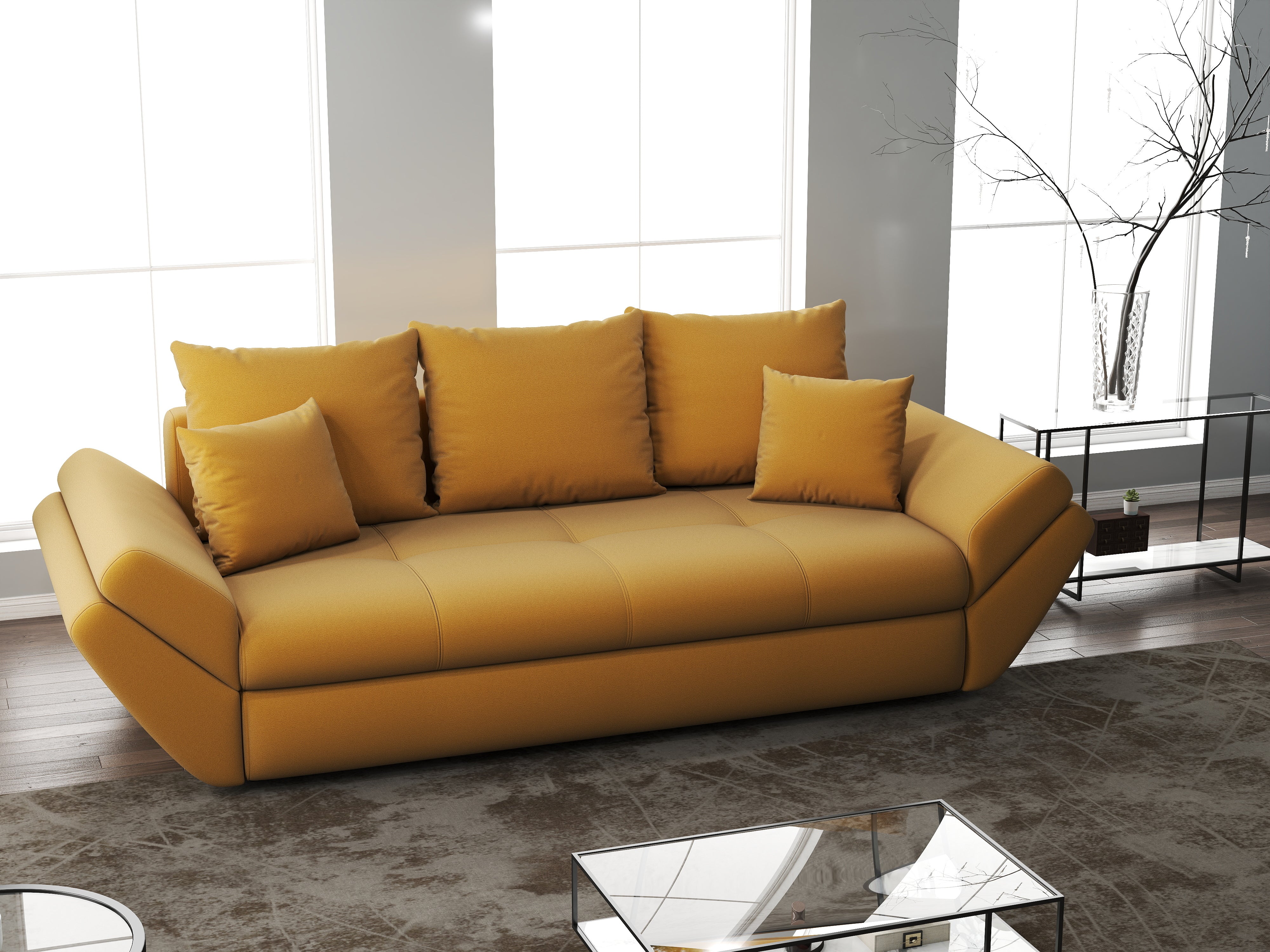 Canapea extensibilă dumonde cu ladă de depozitare si sezut confortabil din spuma HR, Loana Royal Mustar 250x100 cm Fabrica