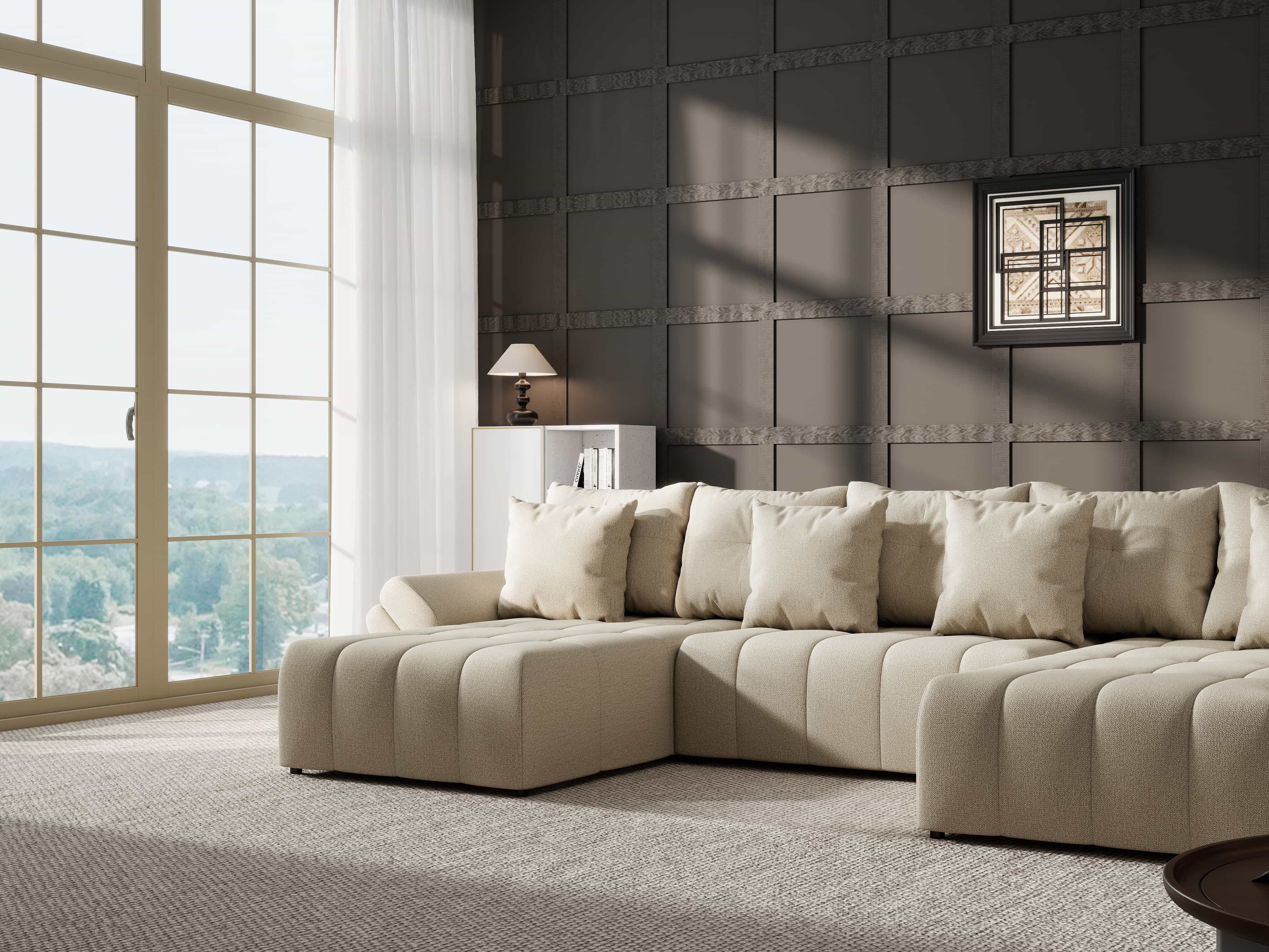 Colțar extensibil dumonde cu ladă de depozitare si sezut confortabil din spuma HR, Berlin U Enjoy Camel 380x180 cm Fabrica