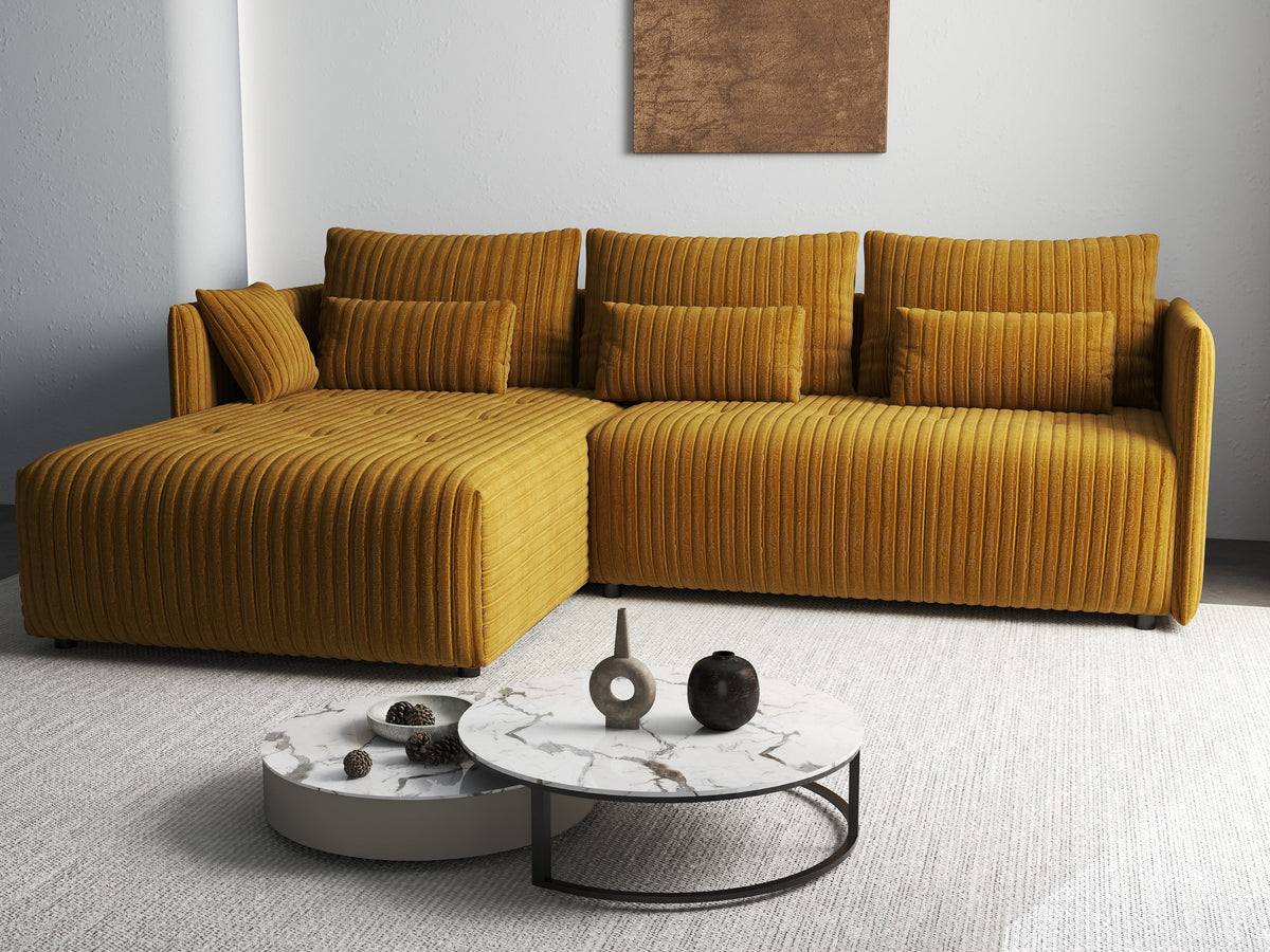 Colțar extensibil dumonde cu ladă de depozitare si sezut confortabil din spuma HR, Malta Ambience Mustard 235x185 cm Fabrica