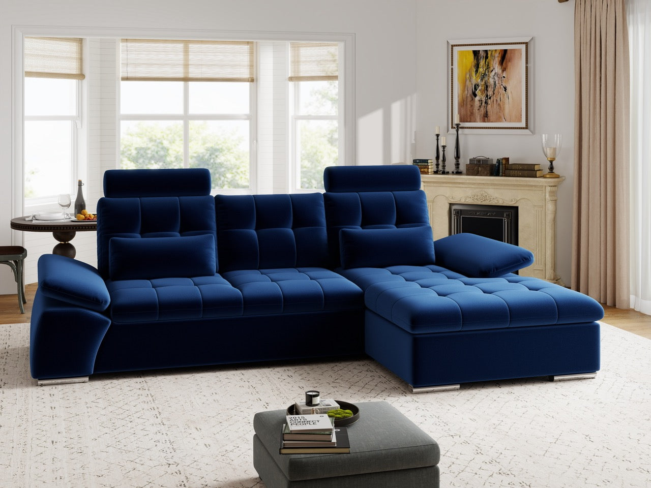 Colțar extensibil dumonde cu ladă de depozitare și șezut confortabil din spumă HR, Merkur Royal Albastru Navy 270x168 cm II