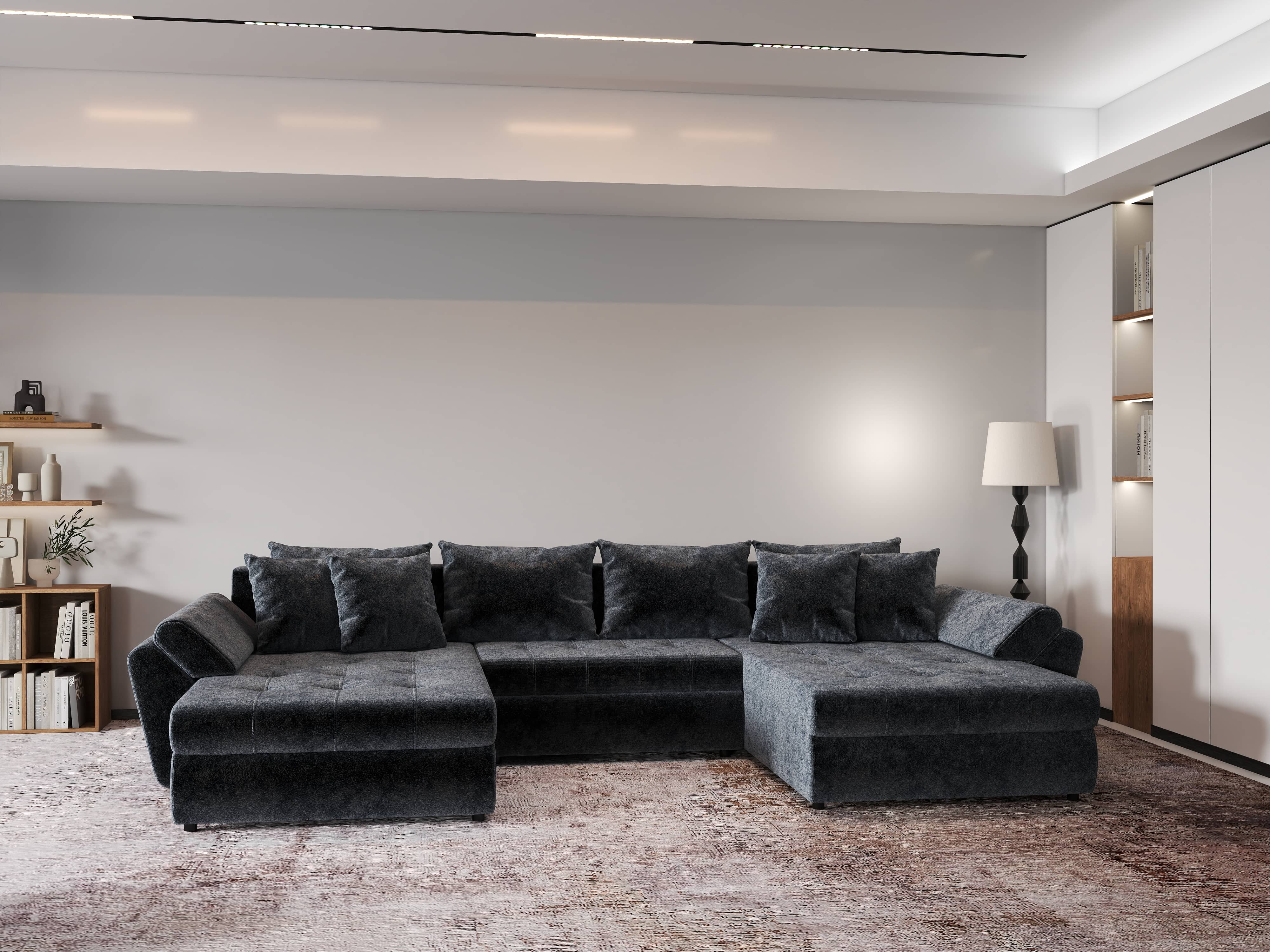 Colțar extensibil dumonde cu ladă de depozitare si sezut confortabil din spuma HR, Loana U Euphoria Grafit 355x185 cm Fabrica