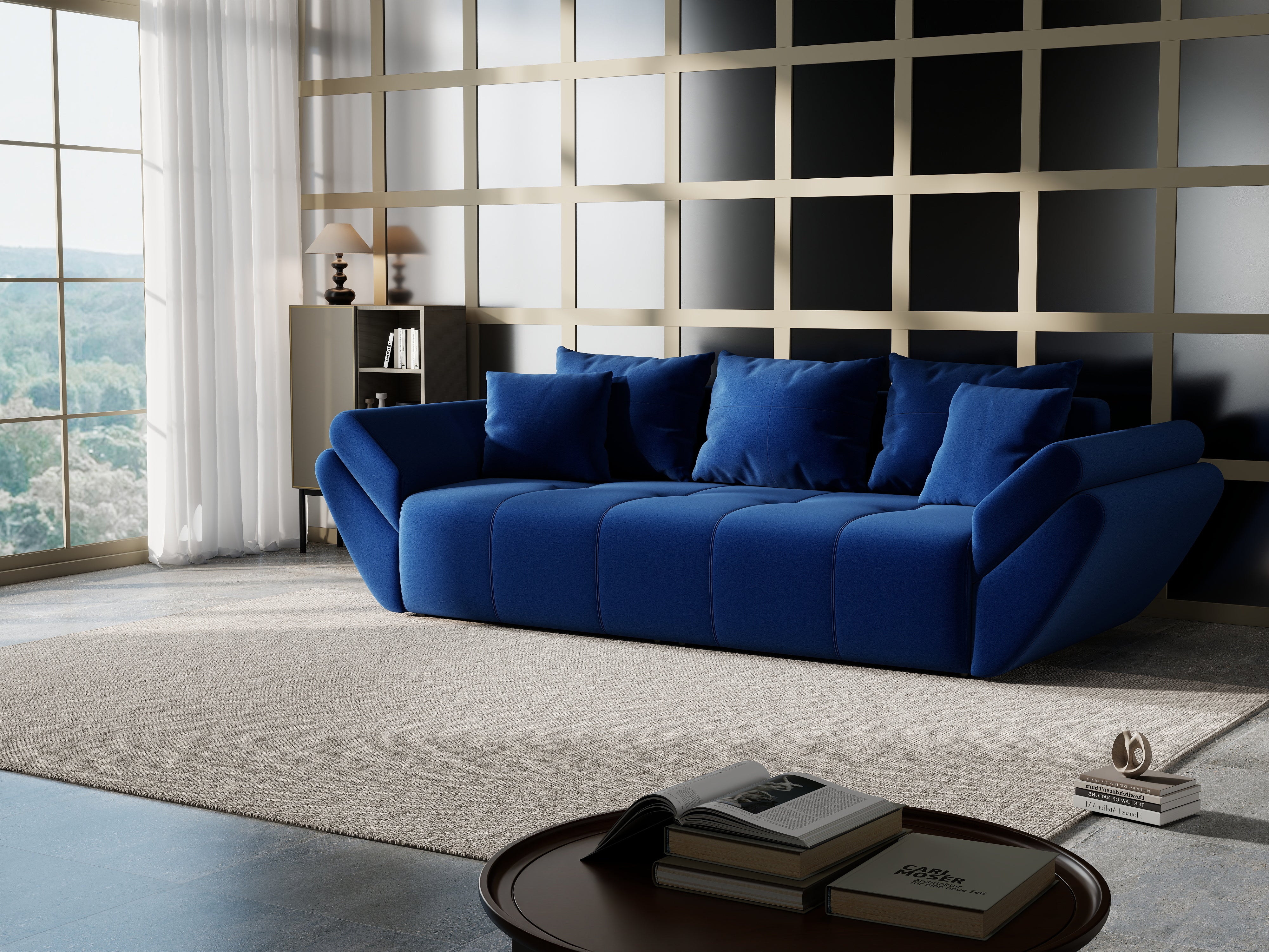 Canapea extensibilă dumonde cu ladă de depozitare si sezut confortabil din spuma HR, Berlin Royal Blue 250x100 cm Fabrica