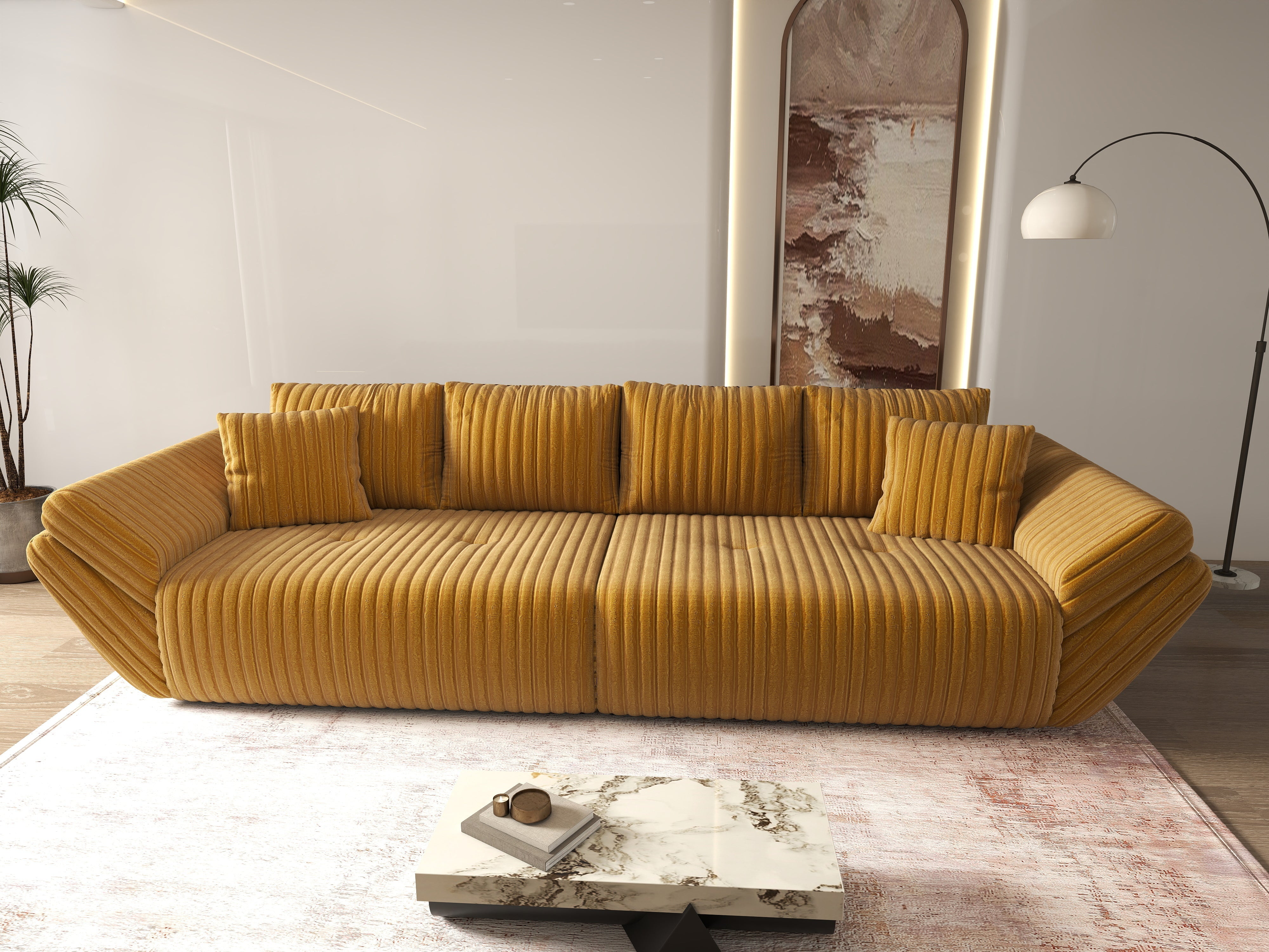 Canapea extensibilă dumonde cu ladă de depozitare si sezut confortabil din spuma HR, Berlin Ambience Mustar 300x100 cm Fabrica