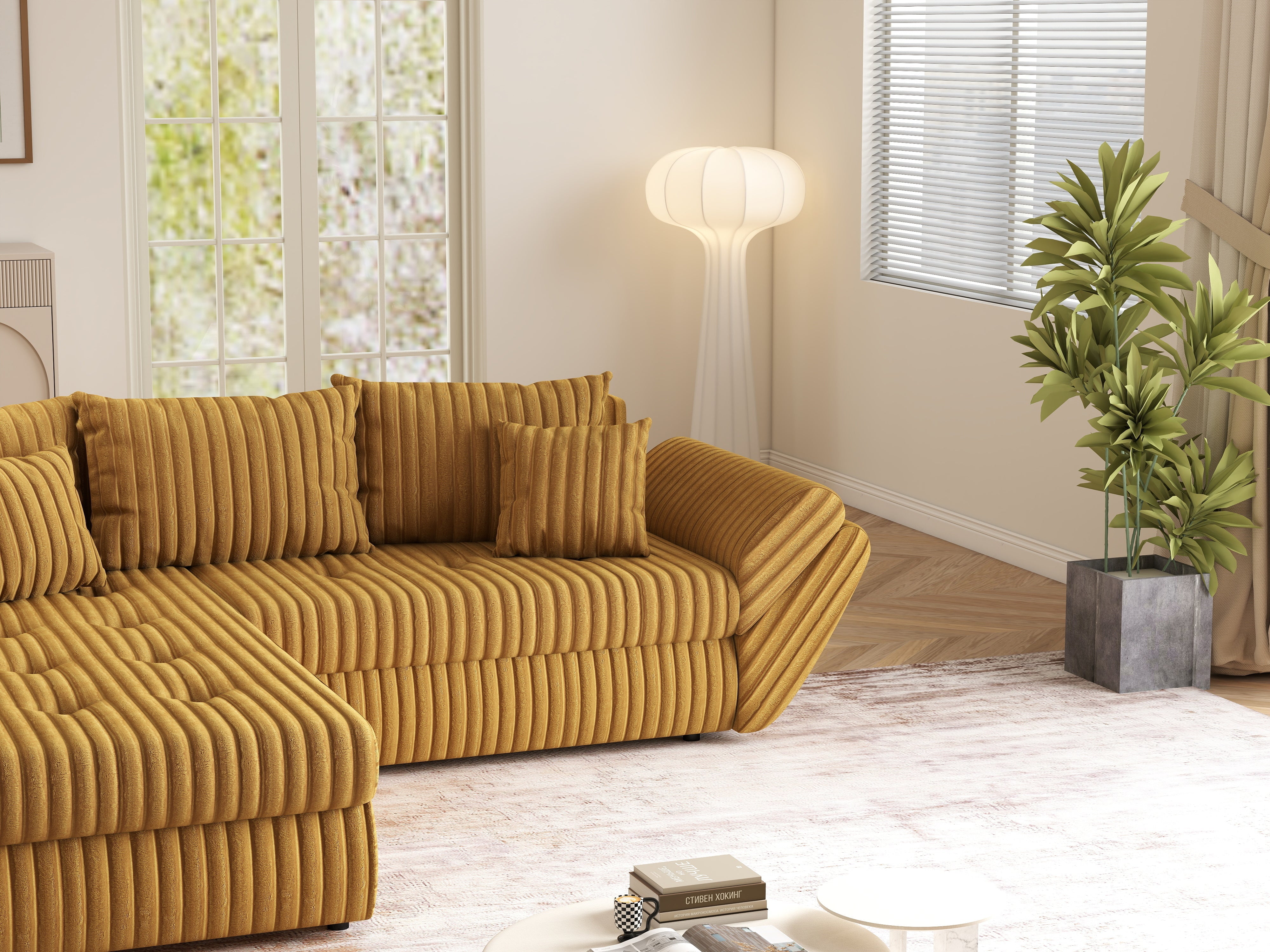 Colțar extensibil dumonde cu ladă de depozitare si sezut confortabil din spuma HR, Loana Ambience Mustar 270x185 cm Fabrica