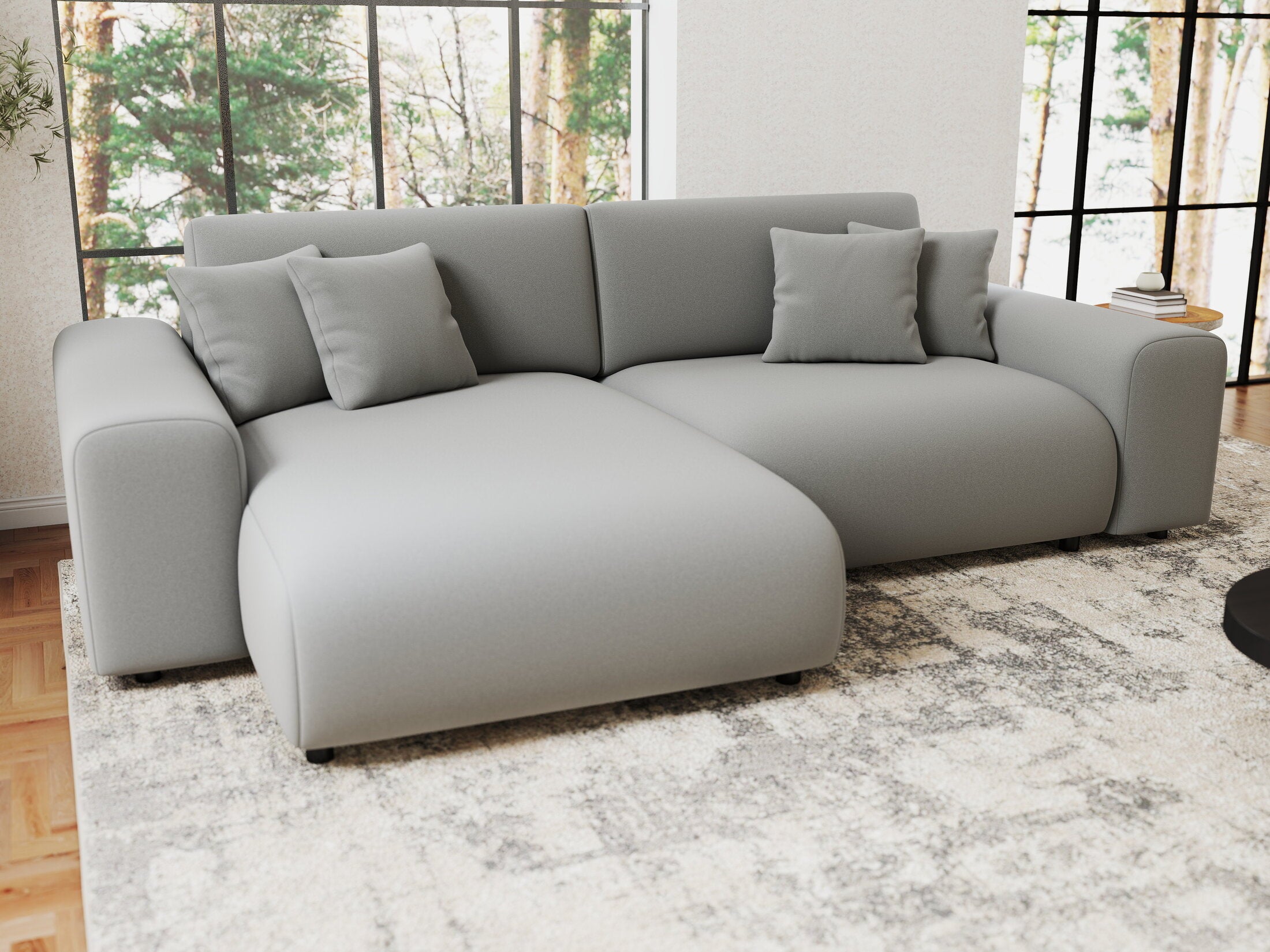 Colțar extensibil dumonde cu ladă de depozitare si sezut confortabil din spuma HR, Sarina Royal Gri 255x168 cm