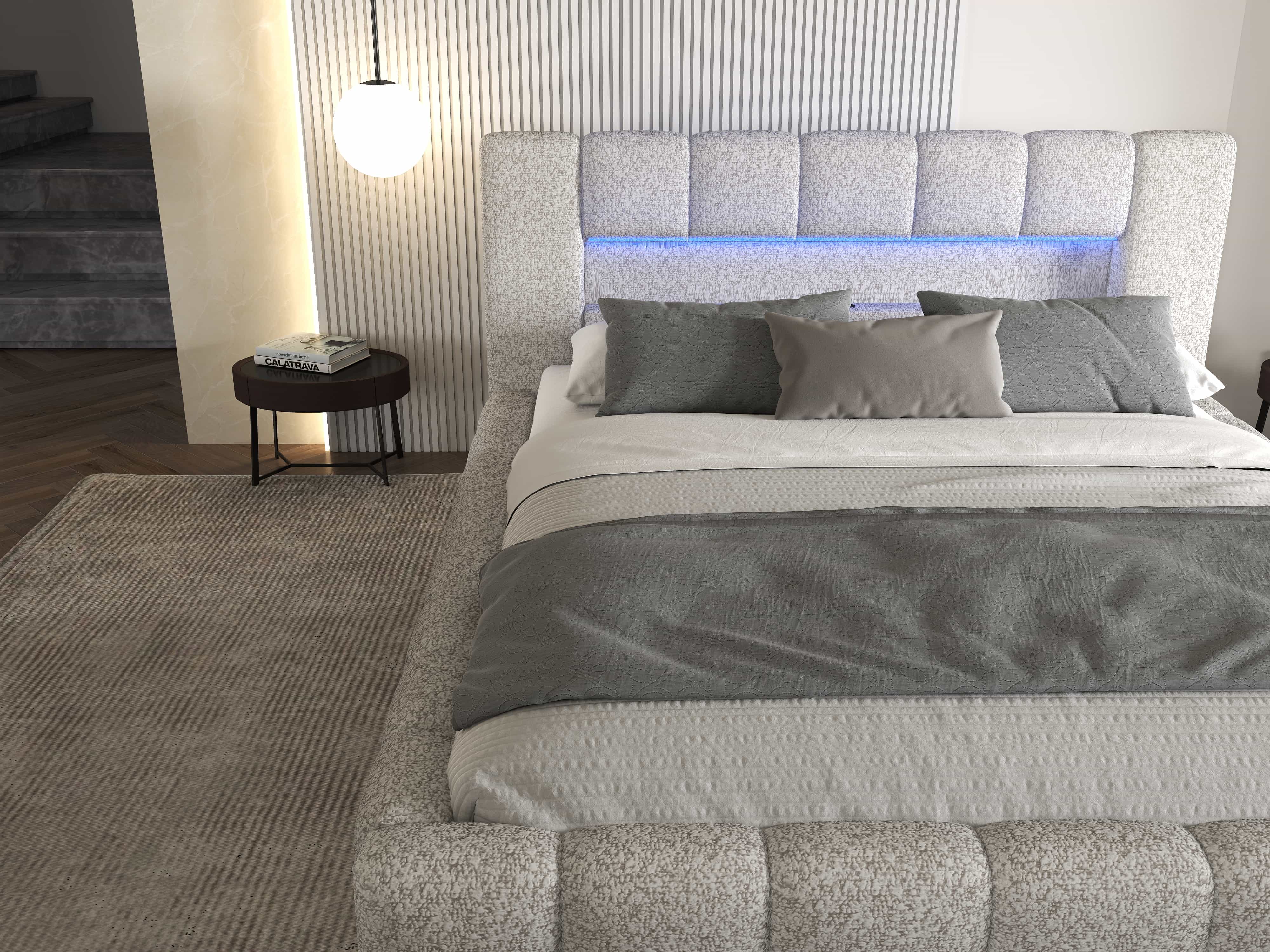 Pat dormitor dumonde, tapitat gri cu LED si USB, Palermo 160x200 cm, somiera rabatabila inclusa, spatiu depozitare WLS