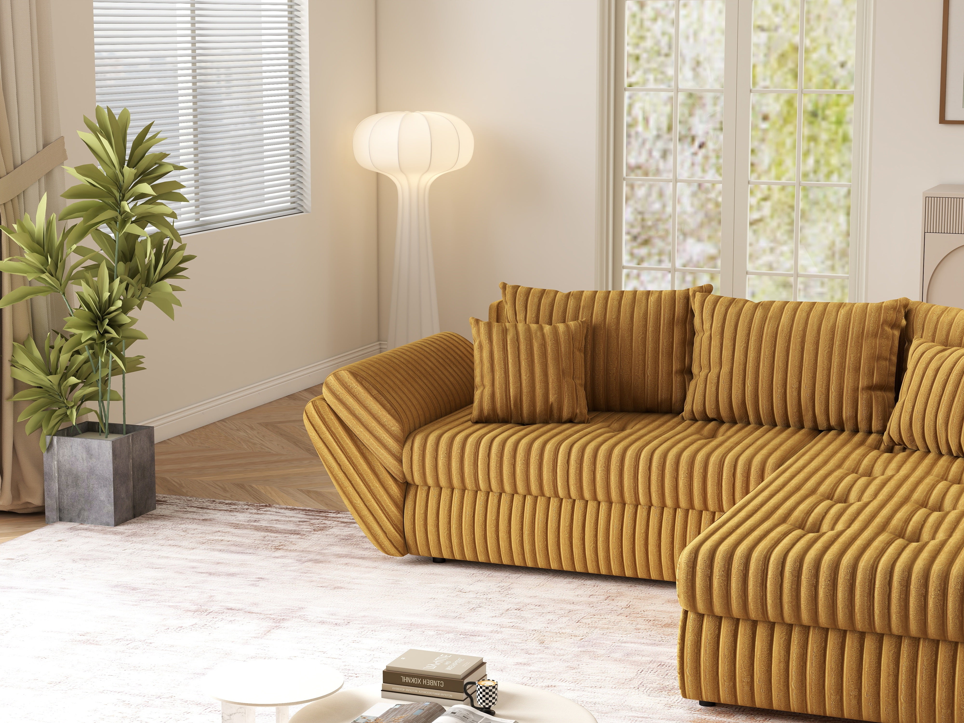 Colțar extensibil dumonde cu ladă de depozitare si sezut confortabil din spuma HR, Loana Ambience Mustar II 270x185 cm Fabrica