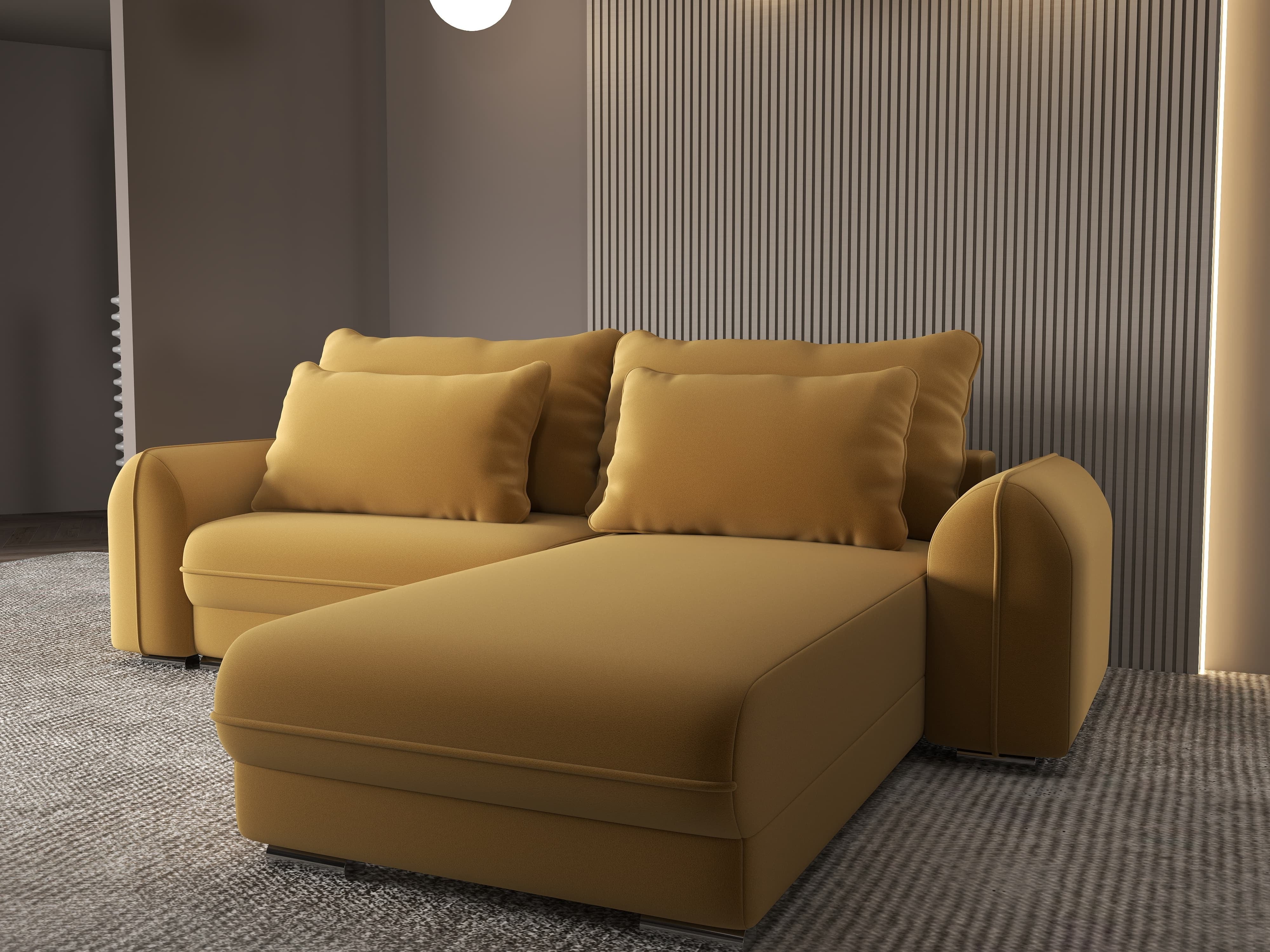 Colțar extensibil dumonde cu ladă de depozitare si sezut confortabil din spuma HR, Denver Royal Mustar 275x185 cm II Fabrica