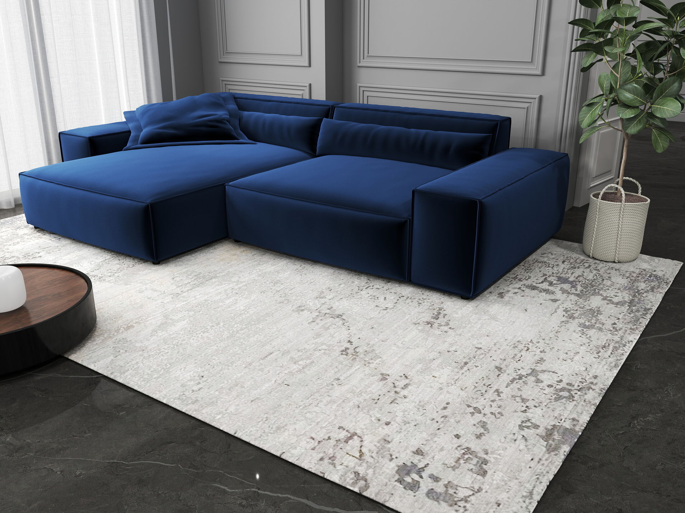 Colțar dumonde cu șezut confortabil din spumă HR, Marvelo Royal Albastru Navy 264x175 cm