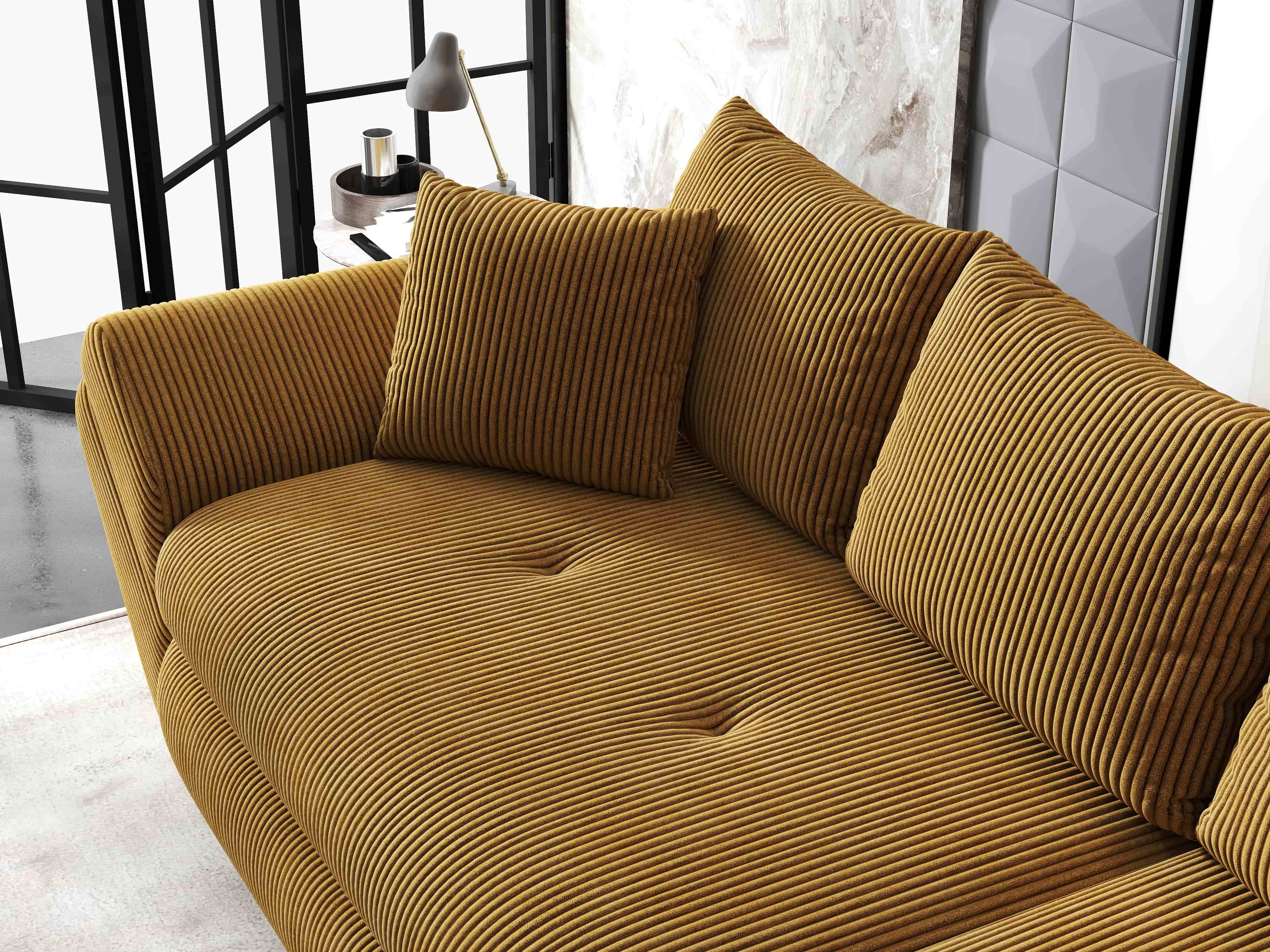 Canapea extensibilă dumonde cu ladă de depozitare si sezut confortabil din spuma HR, Loana Zoom Mustar 300x100 cm Fabrica