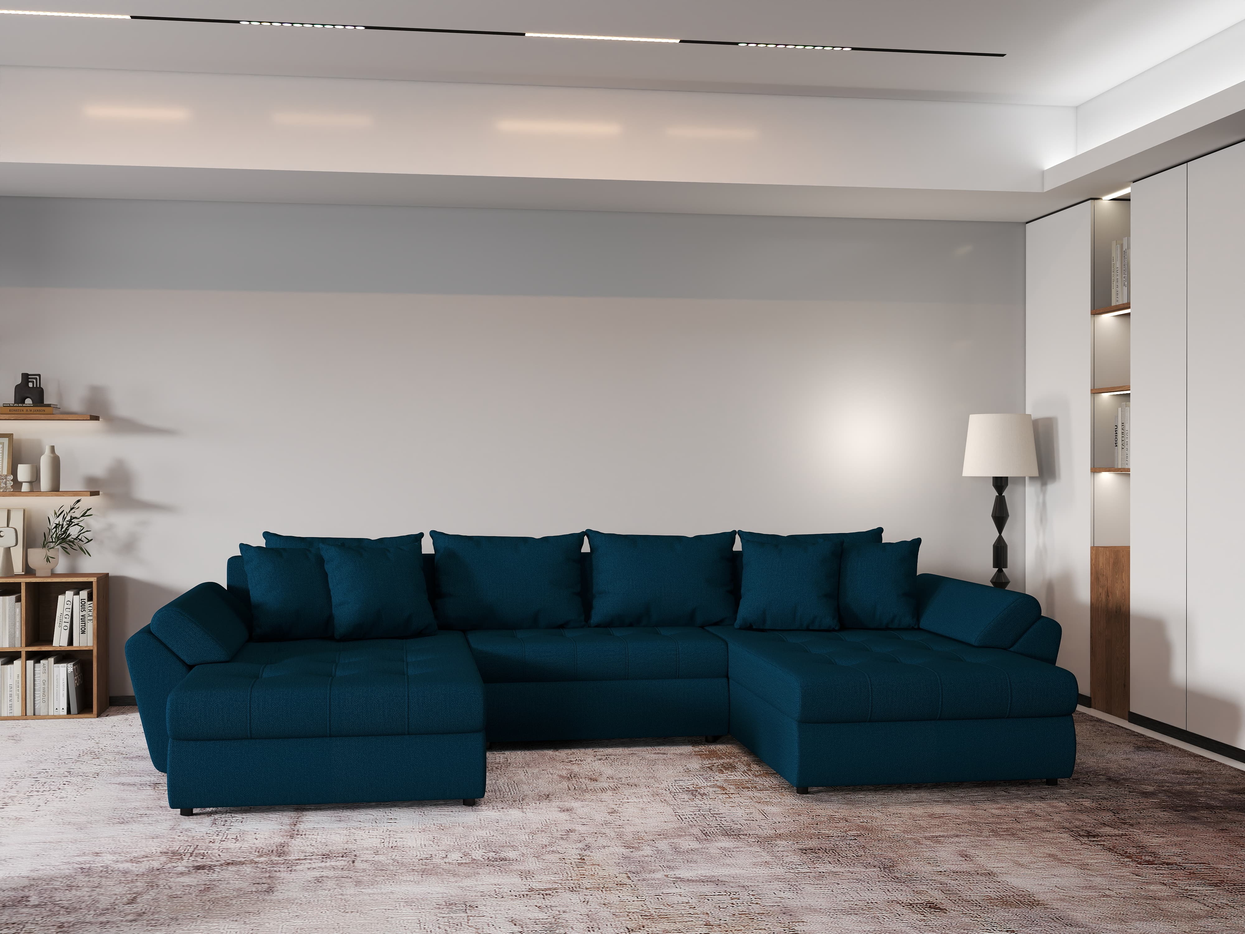 Colțar extensibil dumonde cu ladă de depozitare si sezut confortabil din spuma HR, Loana U Enjoy Petrol 355x185 cm Fabrica