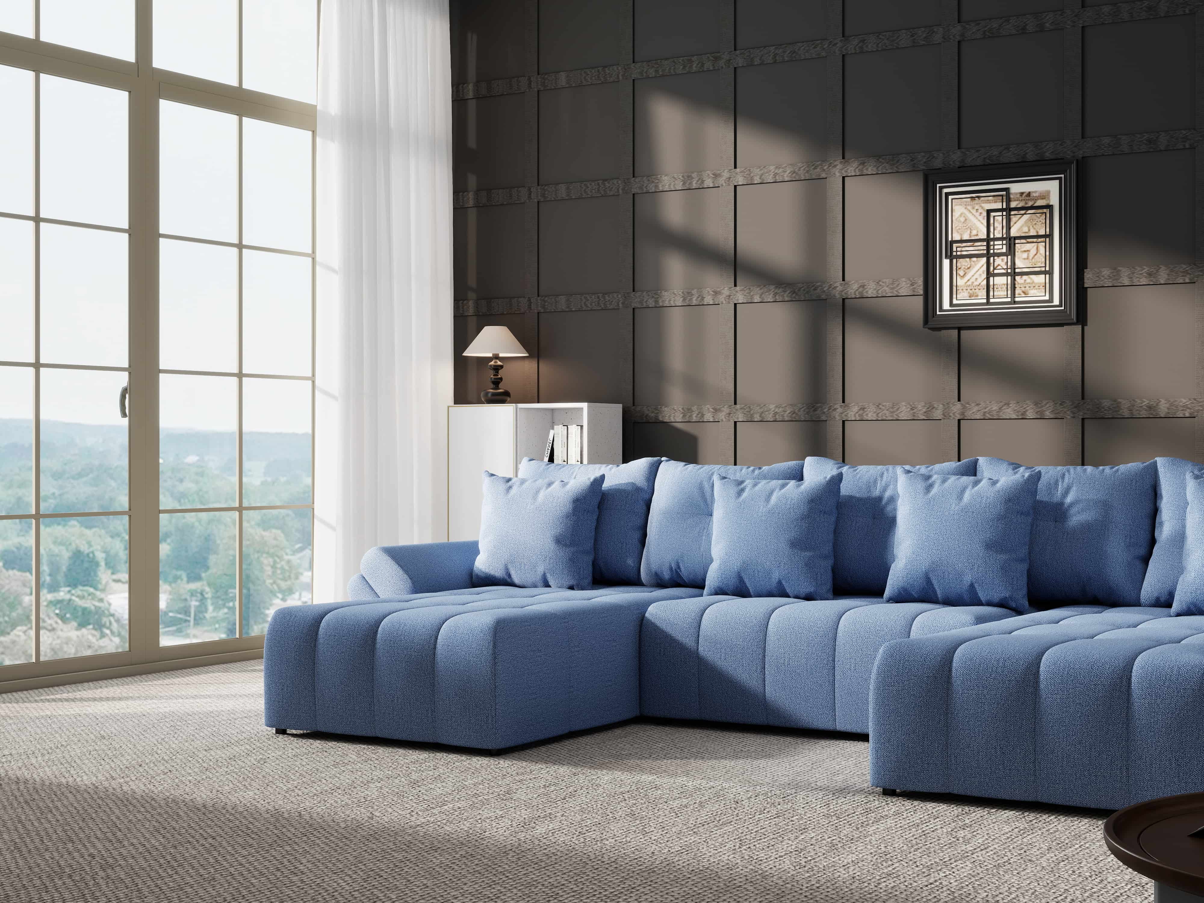 Colțar extensibil dumonde cu ladă de depozitare si sezut confortabil din spuma HR, Berlin U Enjoy Blue 380x180 cm Fabrica