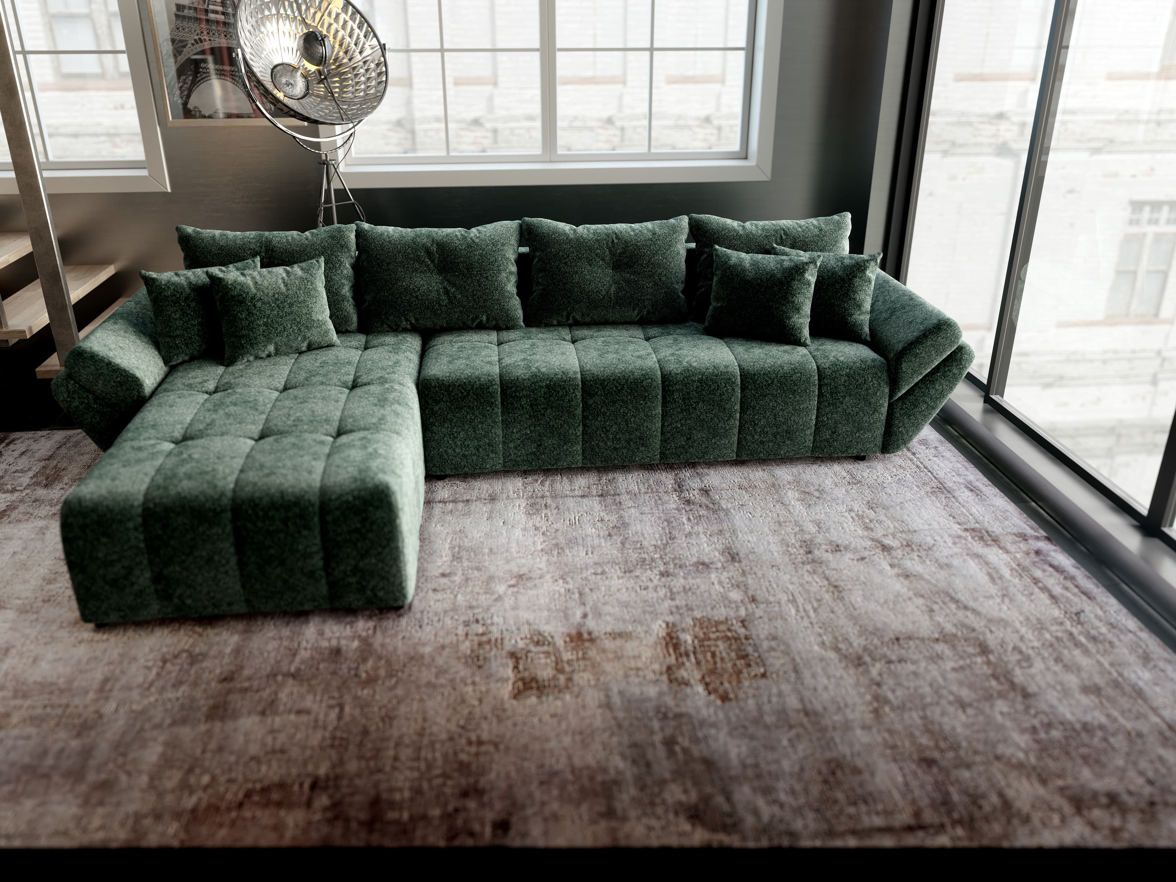 Colțar extensibil dumonde cu ladă de depozitare si sezut confortabil din spuma HR, Berlin XL Euphoria Green 350x185 cm Fabrica