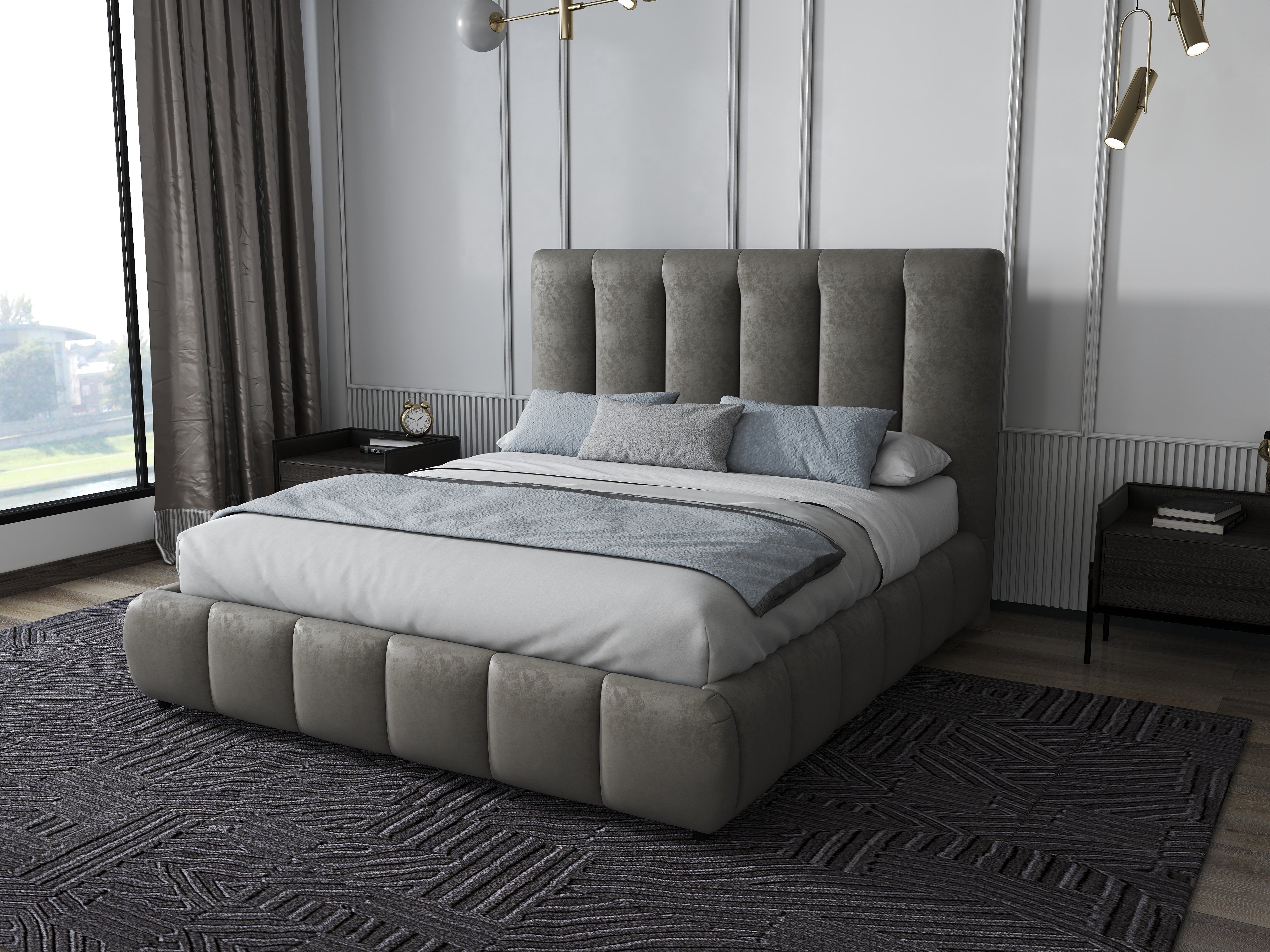 Pat dormitor dumonde, tapitat bej, Divaneo 180x200 cm, somiera rabatabila inclusa, spatiu depozitare WLS