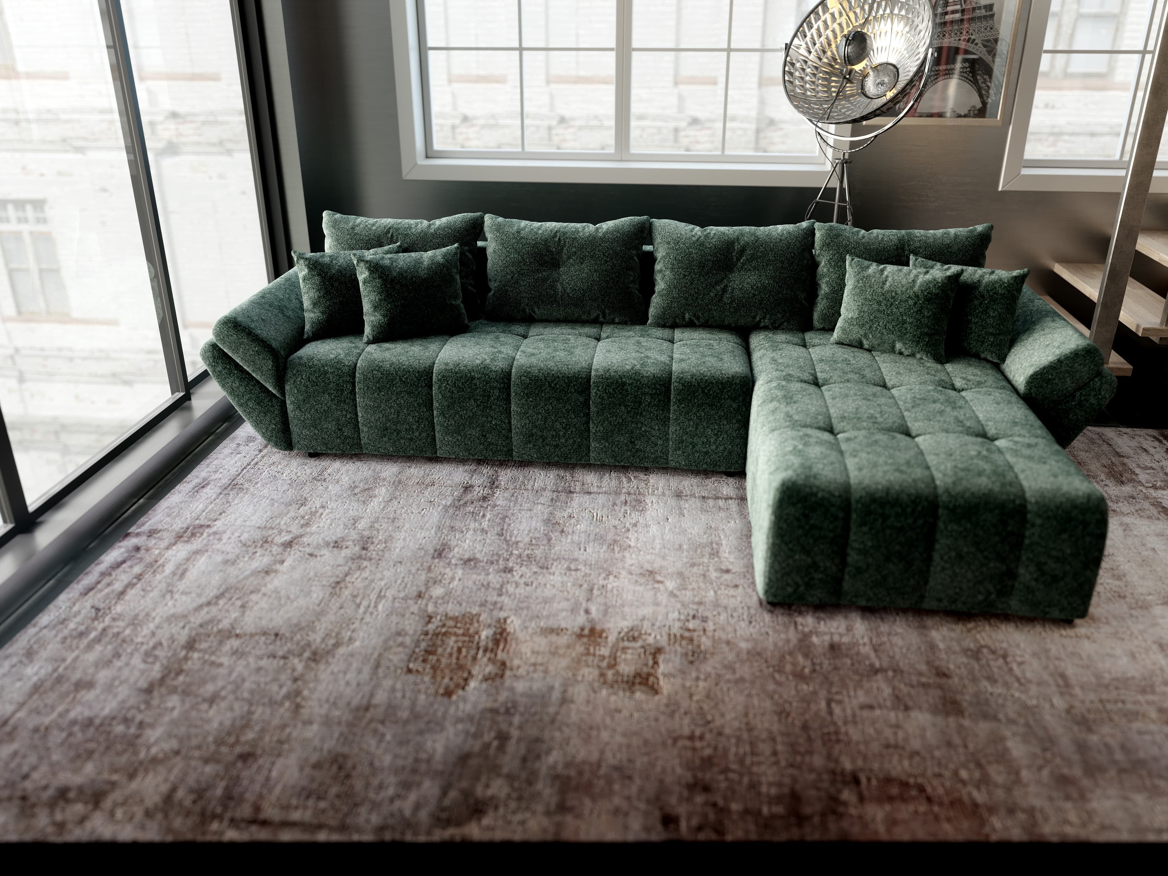 Colțar extensibil dumonde cu ladă de depozitare si sezut confortabil din spuma HR, Berlin XL Euphoria Green 350x185 cm II Fabrica