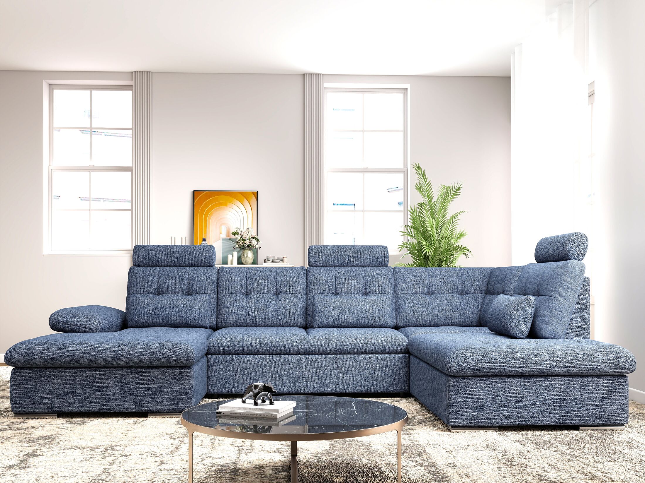 Colțar extensibil dumonde cu ladă de depozitare și șezut confortabil din spumă HR, Merkur U Enjoy Albastru 324x218 cm