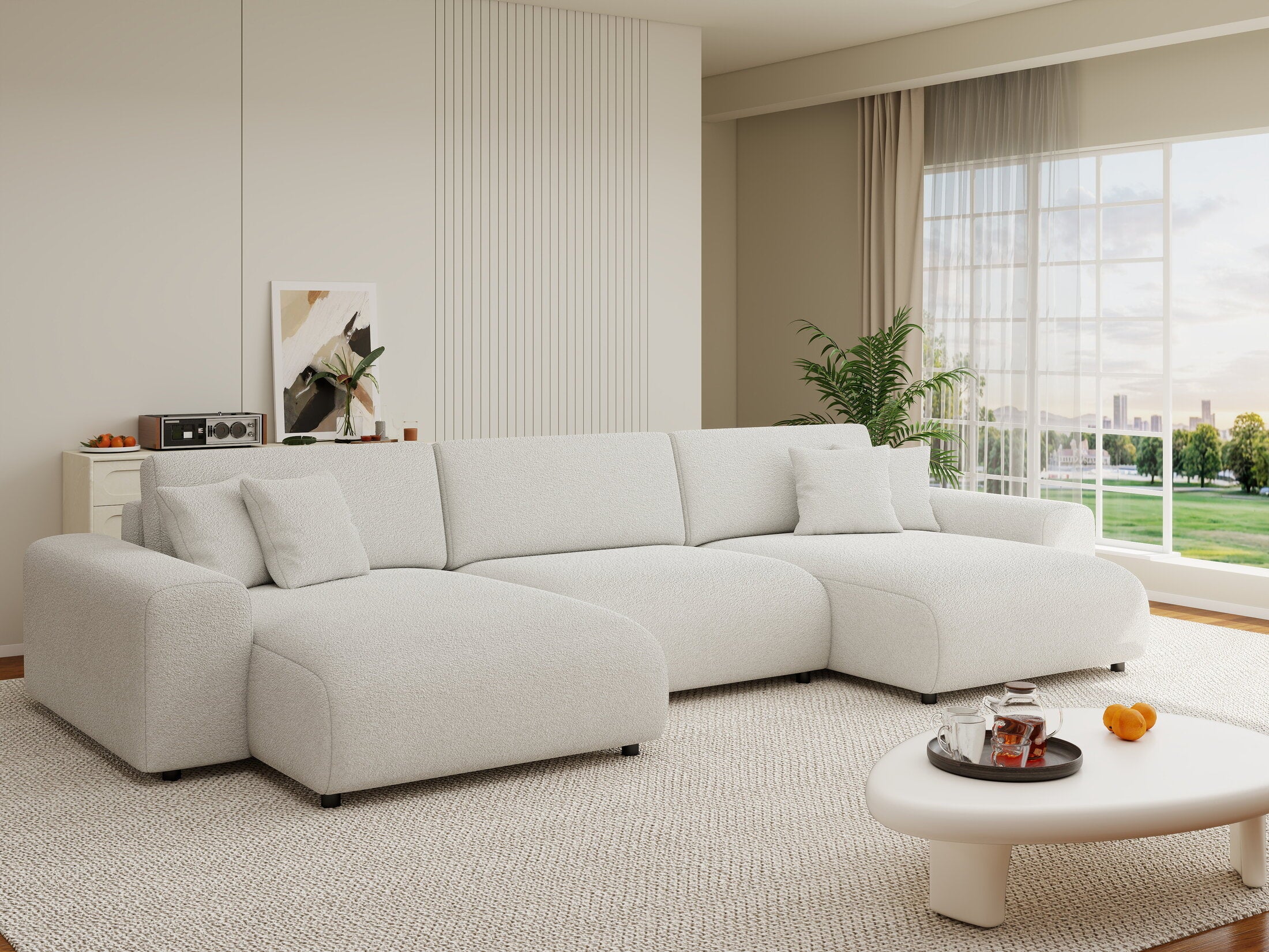 Colțar extensibil dumonde cu ladă de depozitare si sezut confortabil din spuma HR, Sarina U Euphoria Alb 350x168 cm