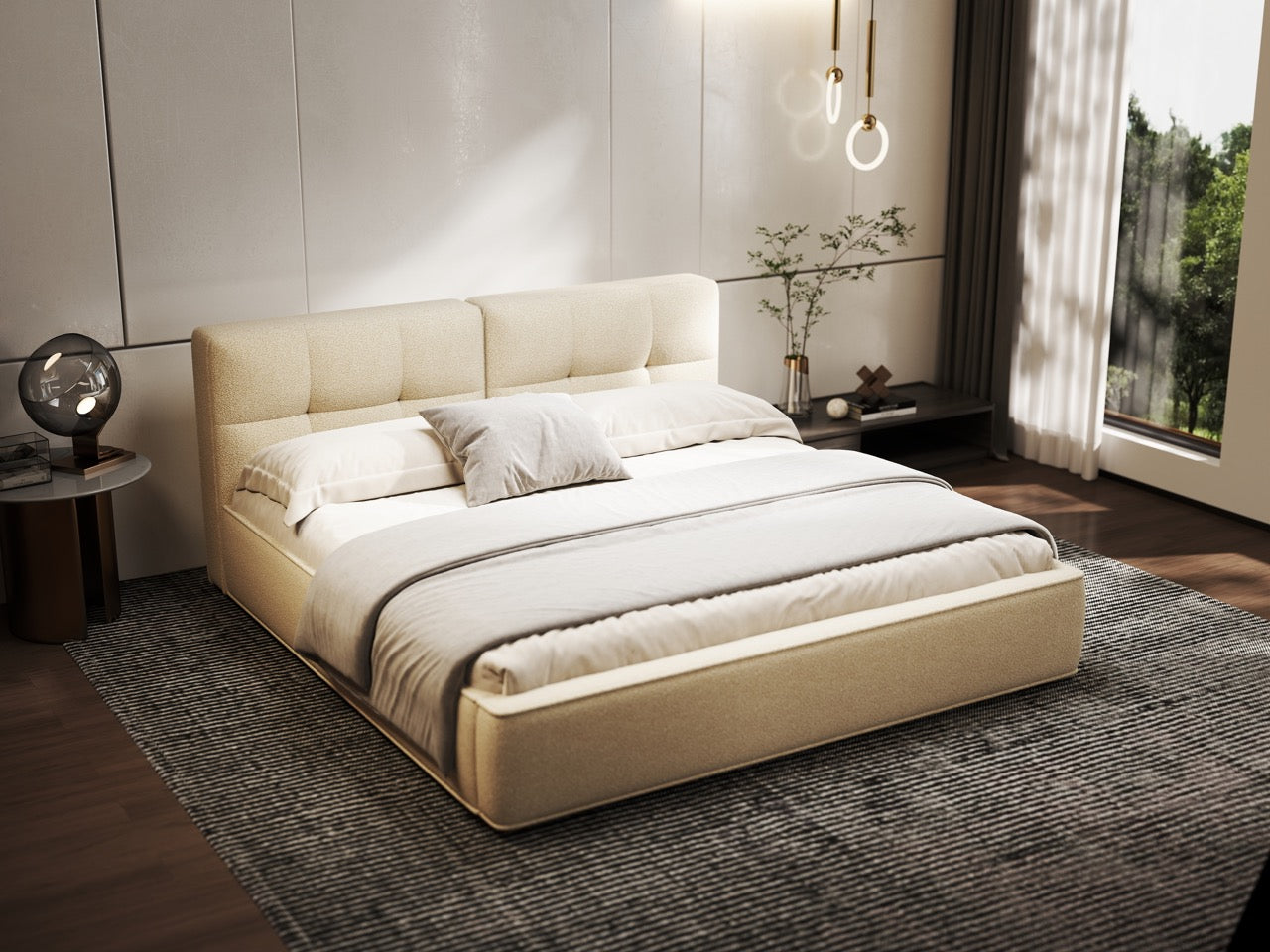 Pat dormitor dumonde, tapitat bej, Madrid 160x200 cm, somiera rabatabila inclusa, spatiu depozitare WLS