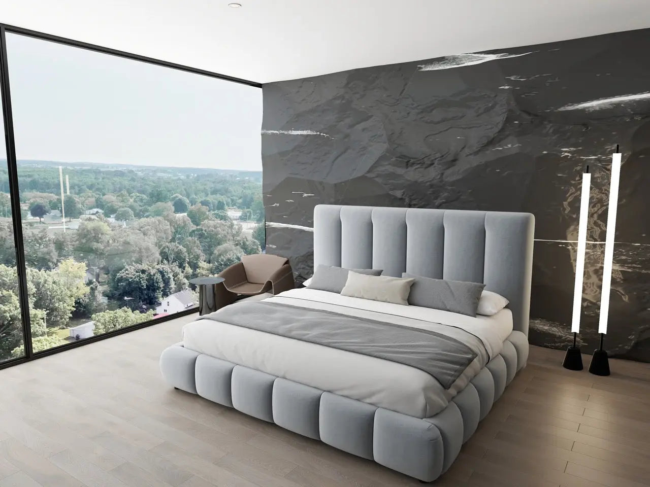 Pat dormitor dumonde, tapitat gri, Divaneo 140x200 cm, somiera rabatabila inclusa, spatiu depozitare WLS