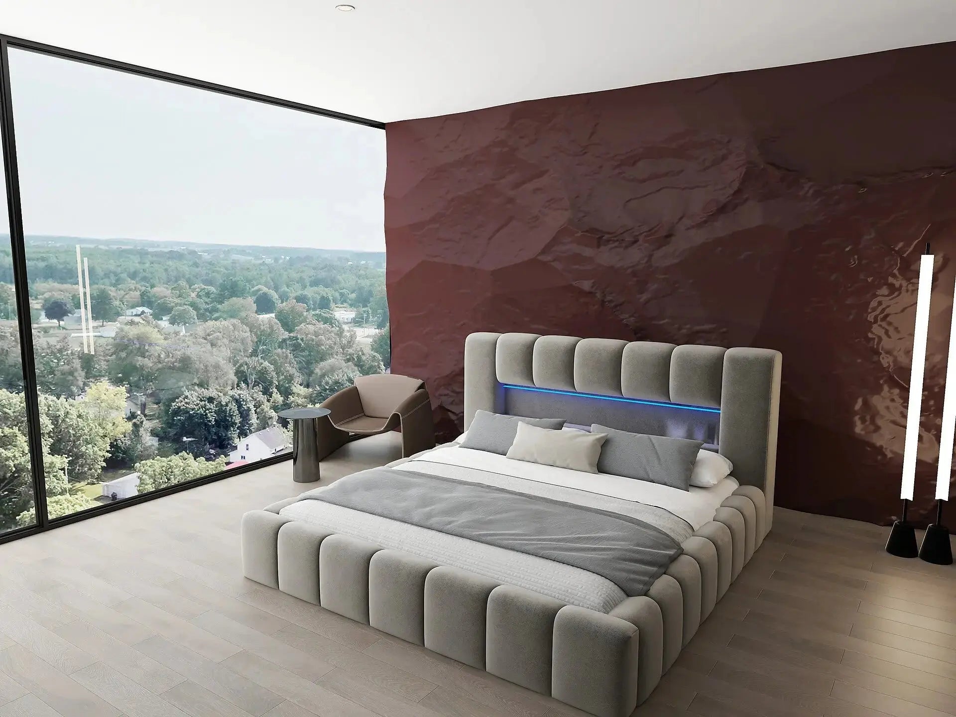 Pat dormitor dumonde, tapitat bej cu LED si USB, Palermo 160x200 cm, somiera rabatabila inclusa, spatiu depozitare WLS