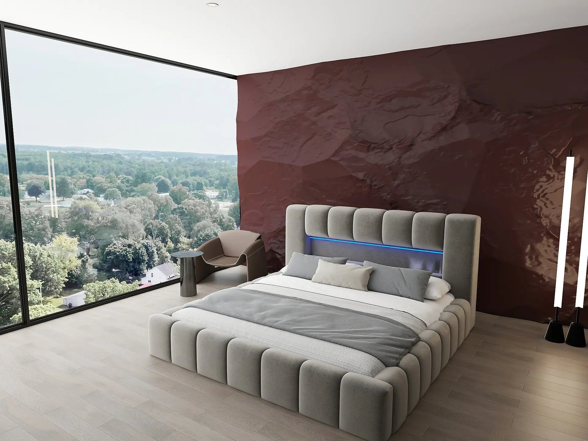 Pat dormitor dumonde, tapitat bej cu LED si USB, Palermo 180x200 cm, somiera rabatabila inclusa, spatiu depozitare WLS