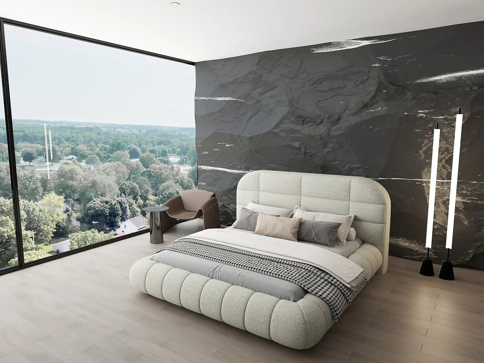 Pat dormitor dumonde, tapitat bej, Senso 180x200 cm, somiera rabatabila inclusa, spatiu depozitare WLS