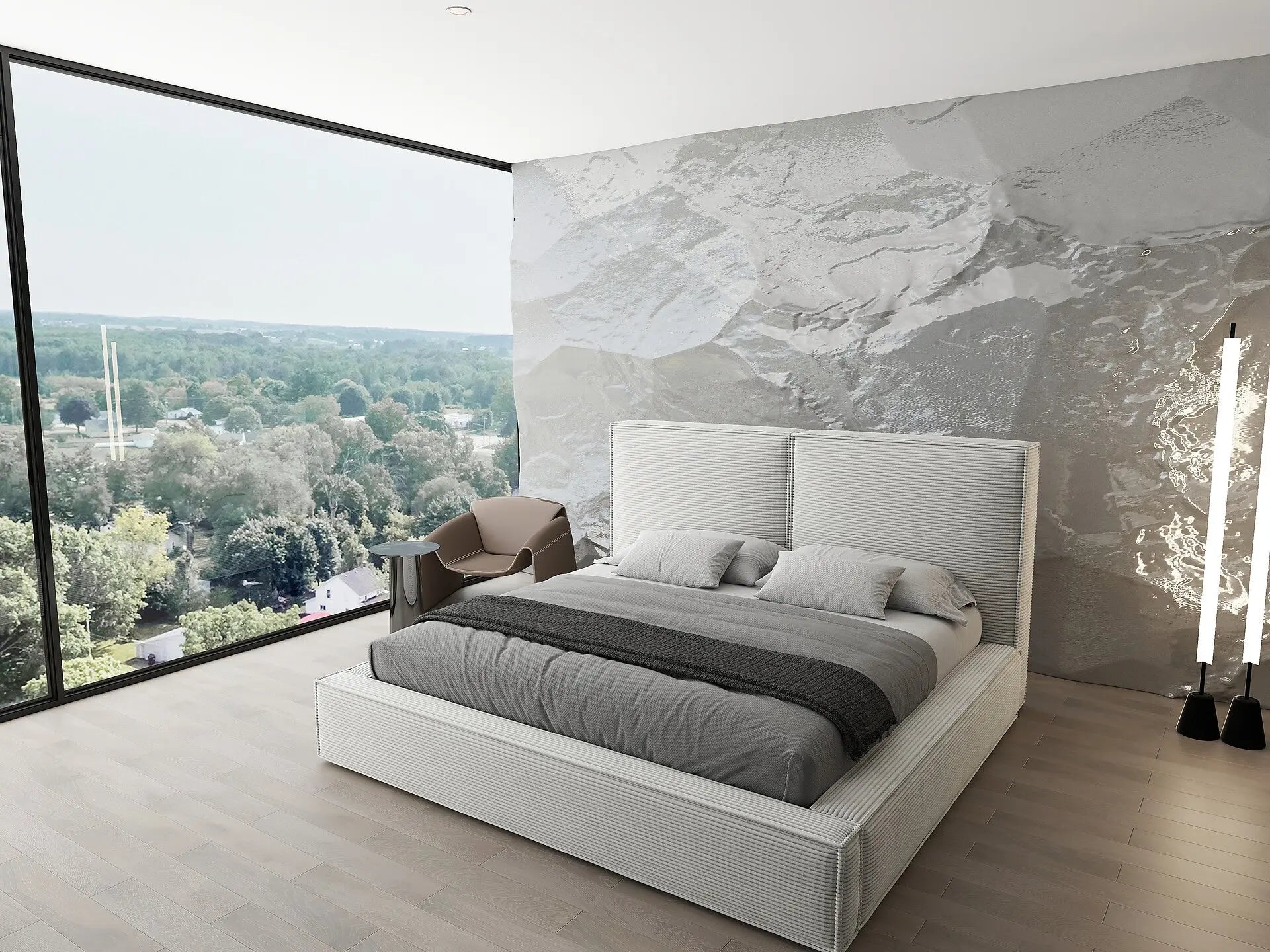 Pat dormitor dumonde, tapitat bej, Dreamer 160x200 cm, somiera rabatabila inclusa, spatiu depozitare WLS