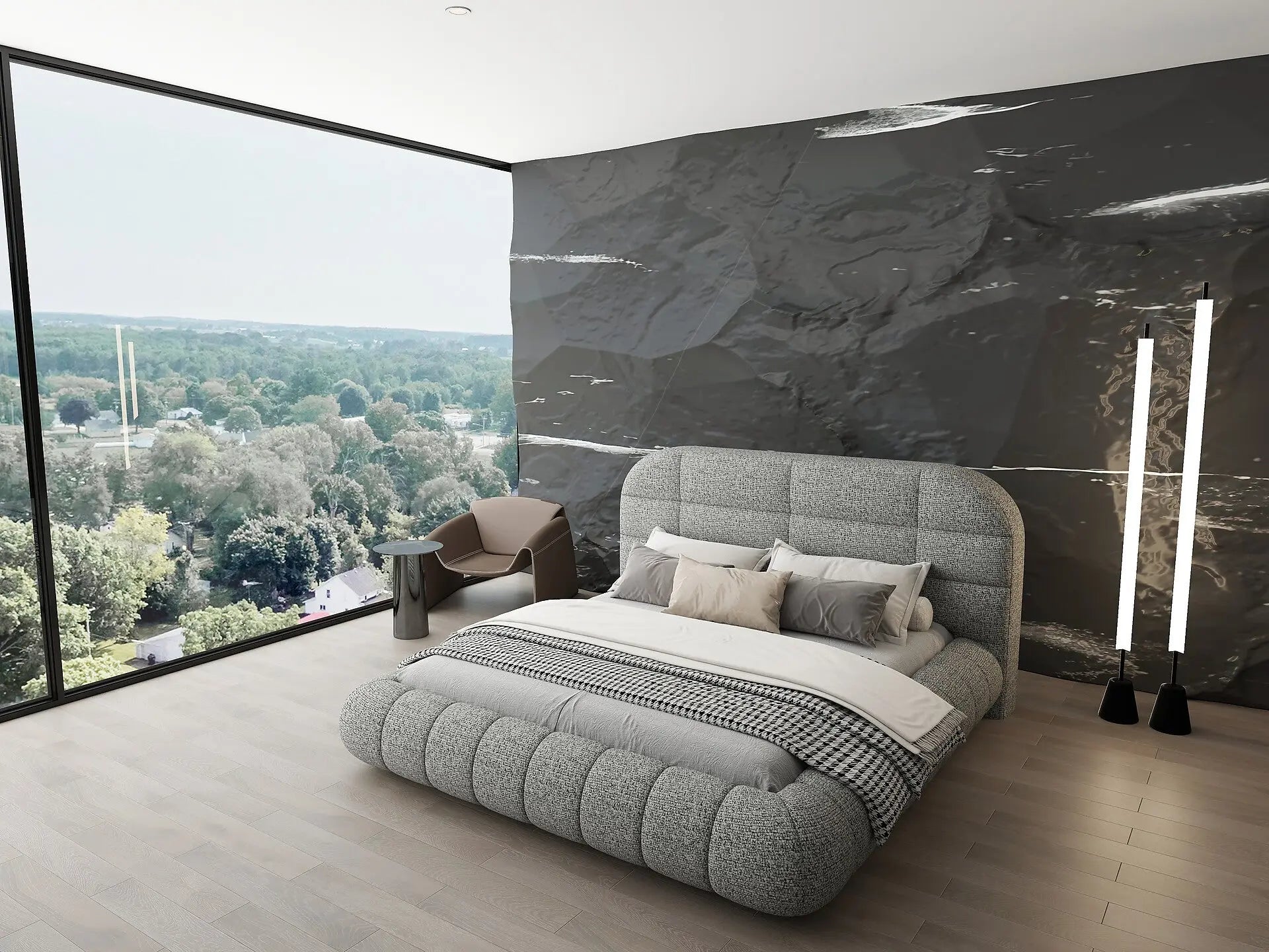 Pat dormitor dumonde, tapitat gri, Senso 180x200 cm, somiera rabatabila inclusa, spatiu depozitare WLS