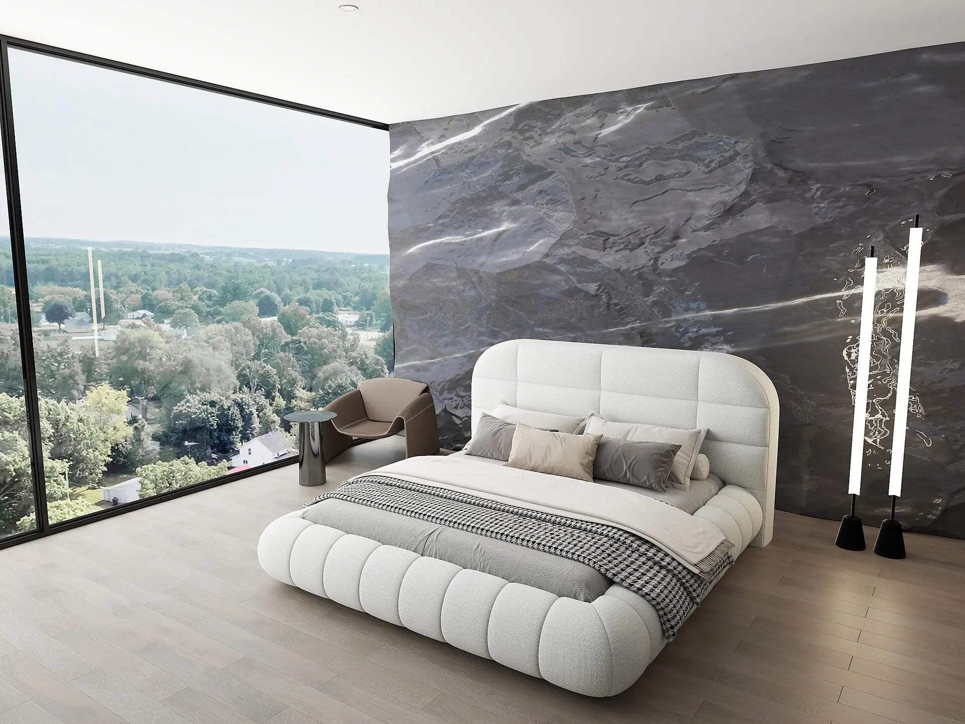 Pat dormitor dumonde, tapitat alb, Senso 160x200 cm, somiera rabatabila inclusa, spatiu depozitare WLS