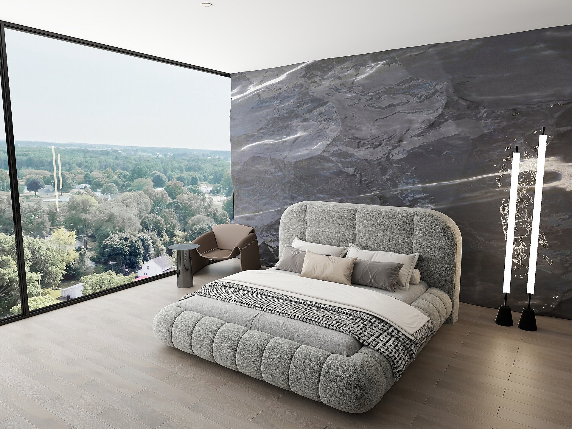 Pat dormitor dumonde, tapitat gri, Senso 160x200 cm, somiera rabatabila inclusa, spatiu depozitare