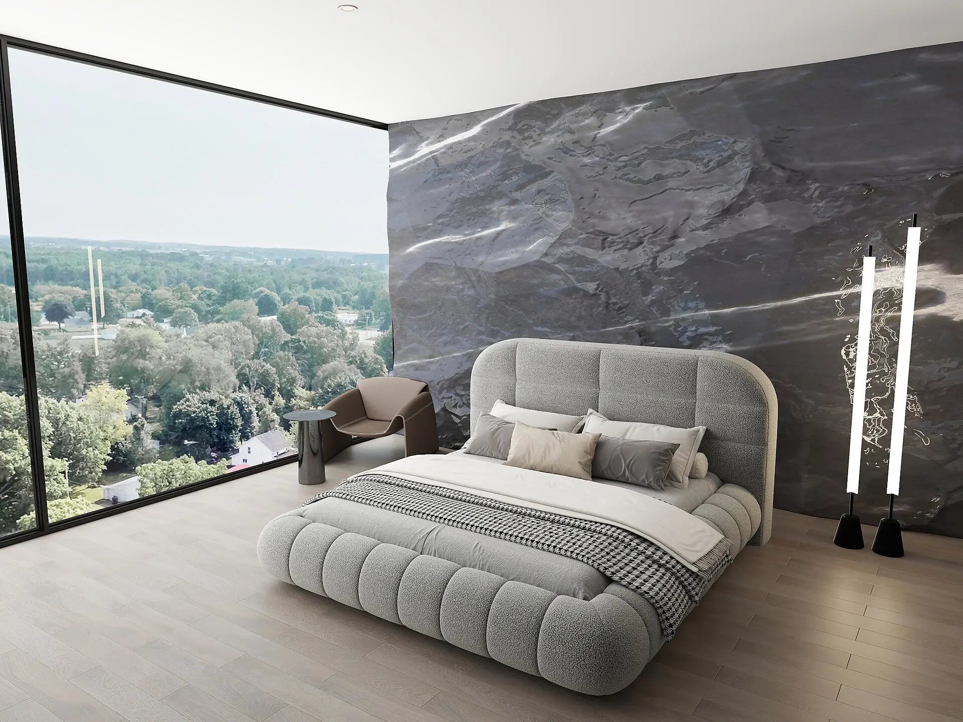 Pat dormitor dumonde, tapitat gri, Senso 160x200 cm, somiera rabatabila inclusa, spatiu depozitare WLS