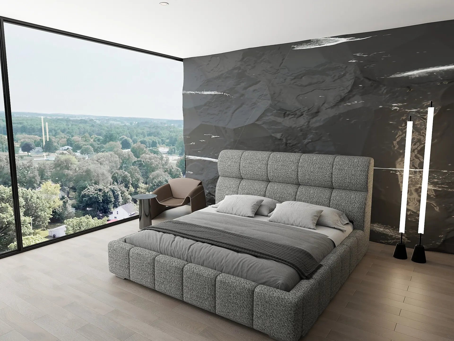 Pat dormitor dumonde, tapitat bej, Prestige 180x200 cm, somiera rabatabila inclusa, spatiu depozitare WLS