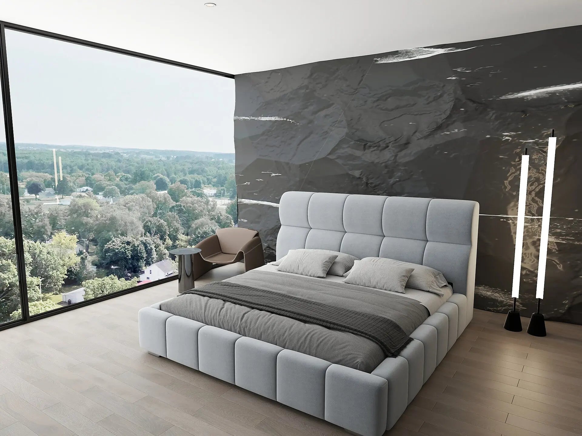 Pat dormitor dumonde, tapitat gri, Prestige 160x200 cm, somiera rabatabila inclusa, spatiu depozitare WLS