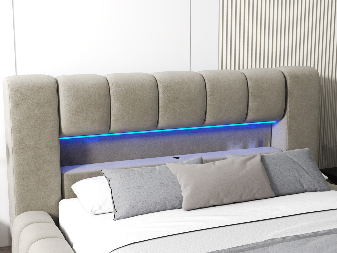 Pat dormitor dumonde, tapitat bej cu LED si USB, Palermo 160x200 cm, somiera rabatabila inclusa, spatiu depozitare WLS