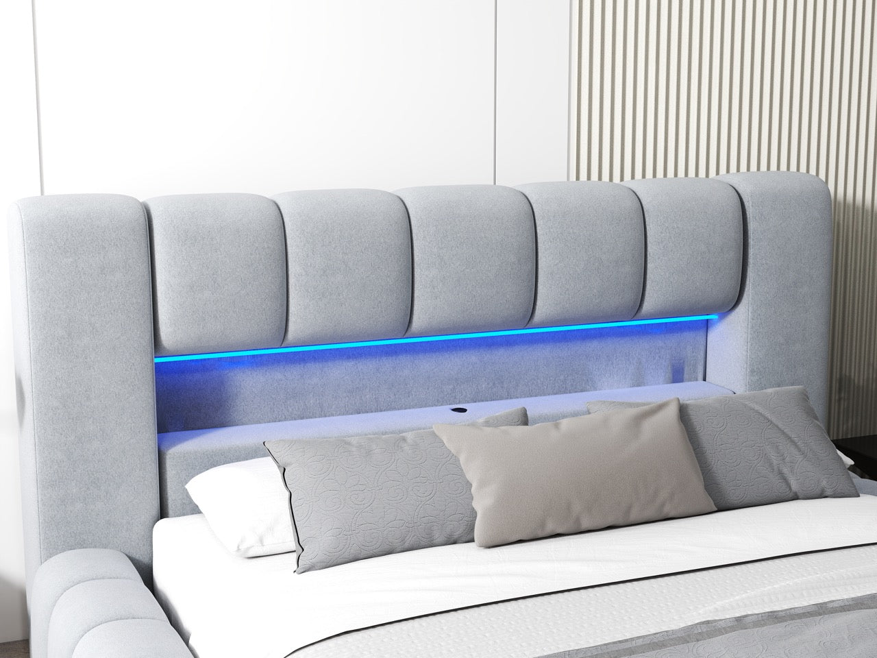 Pat dormitor dumonde, tapitat gri cu LED si USB, Palermo 160x200 cm, somiera rabatabila inclusa, spatiu depozitare WLS