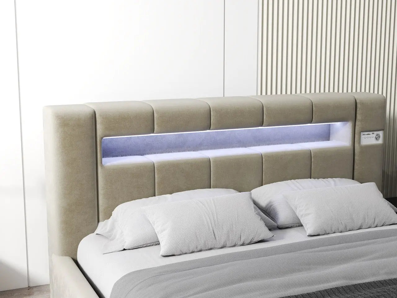 Pat dormitor dumonde, tapitat bej, Glow 160x200 cm, somiera rabatabila inclusa, spatiu depozitare WLS
