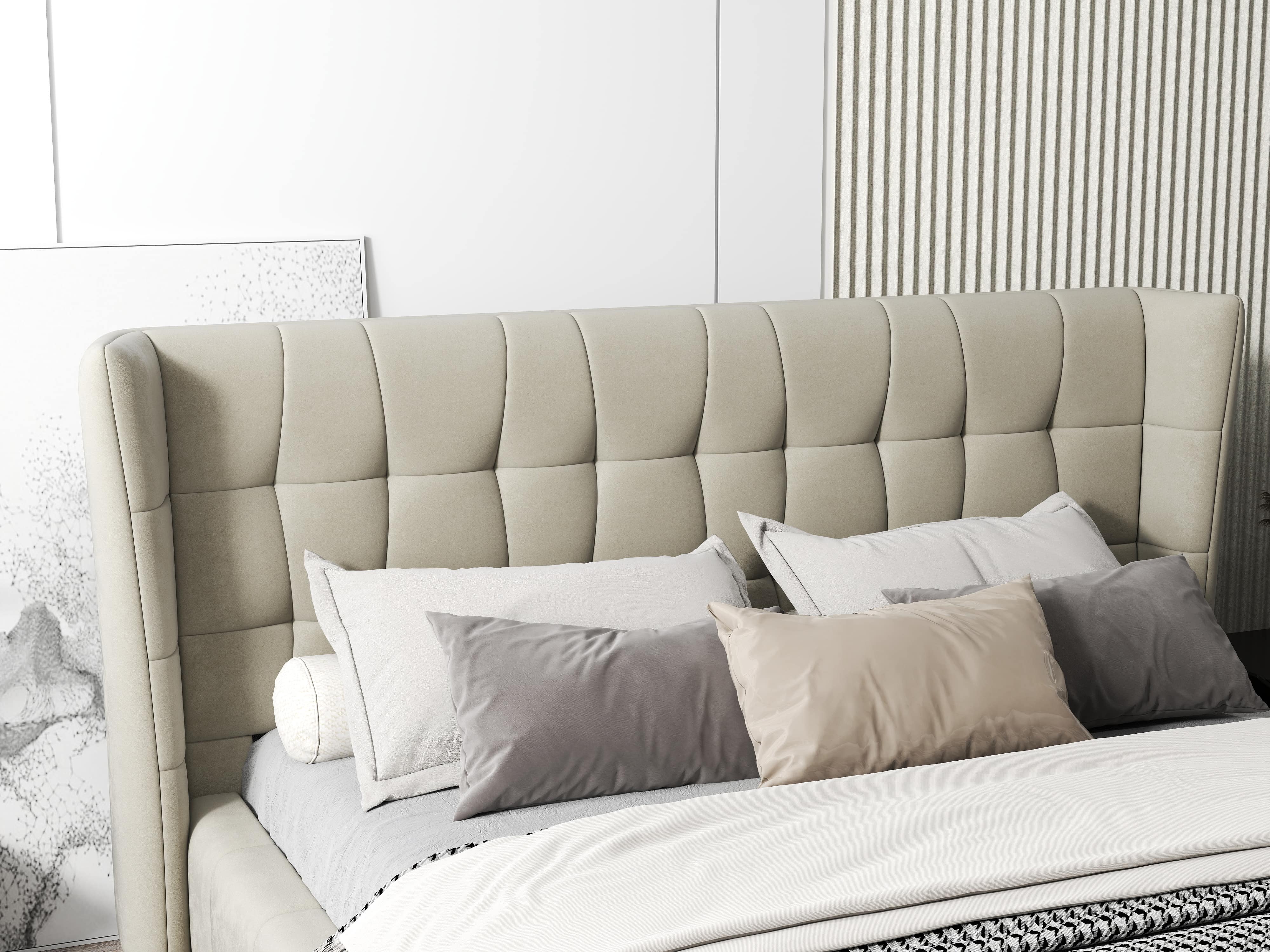 Pat dormitor dumonde, tapitat bej, Bellagio 180x200 cm, somiera fixa inclusa WLS