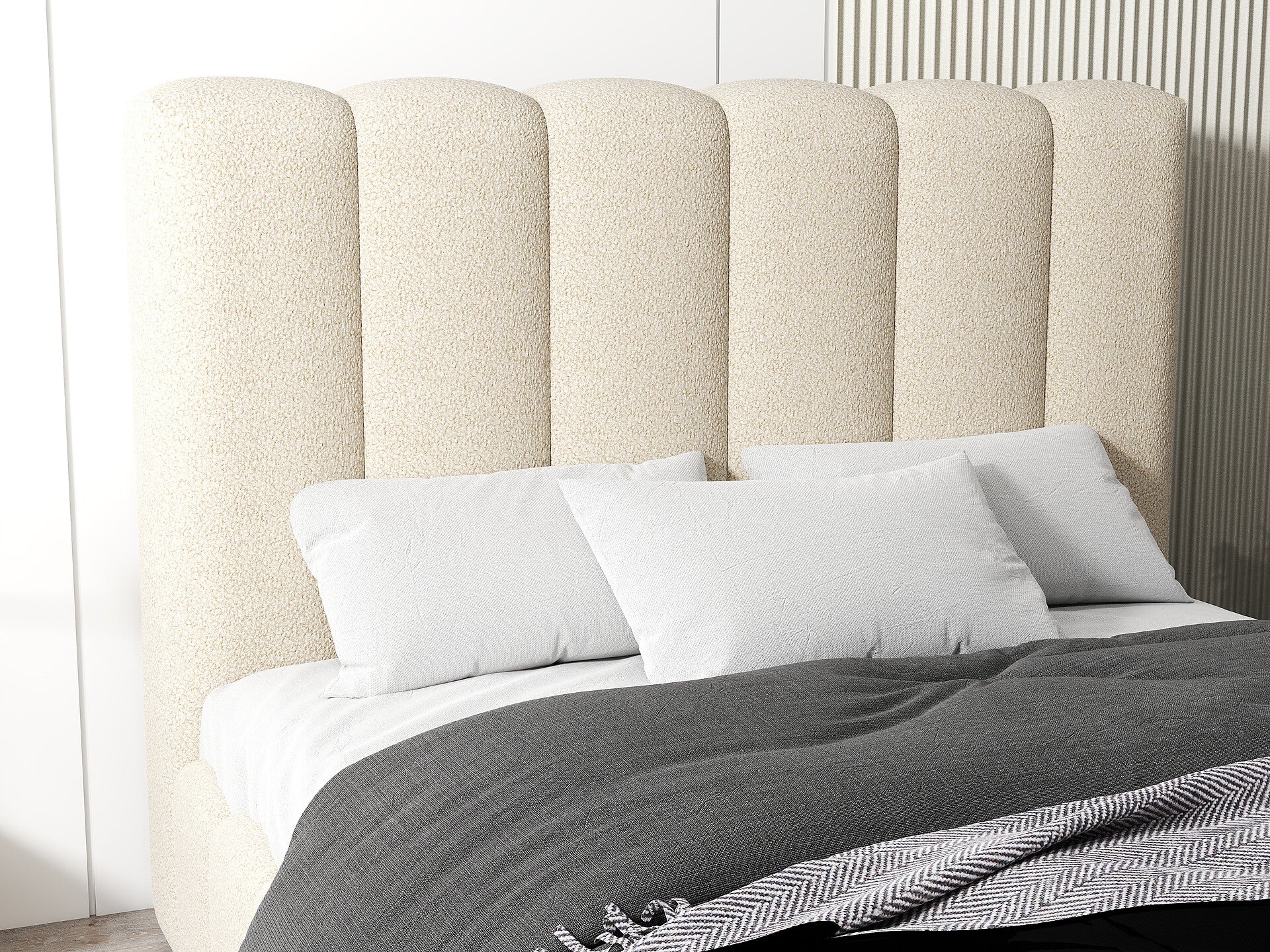 Pat dormitor dumonde, tapitat bej, Milano 160x200 cm, somiera rabatabila inclusa, spatiu depozitare