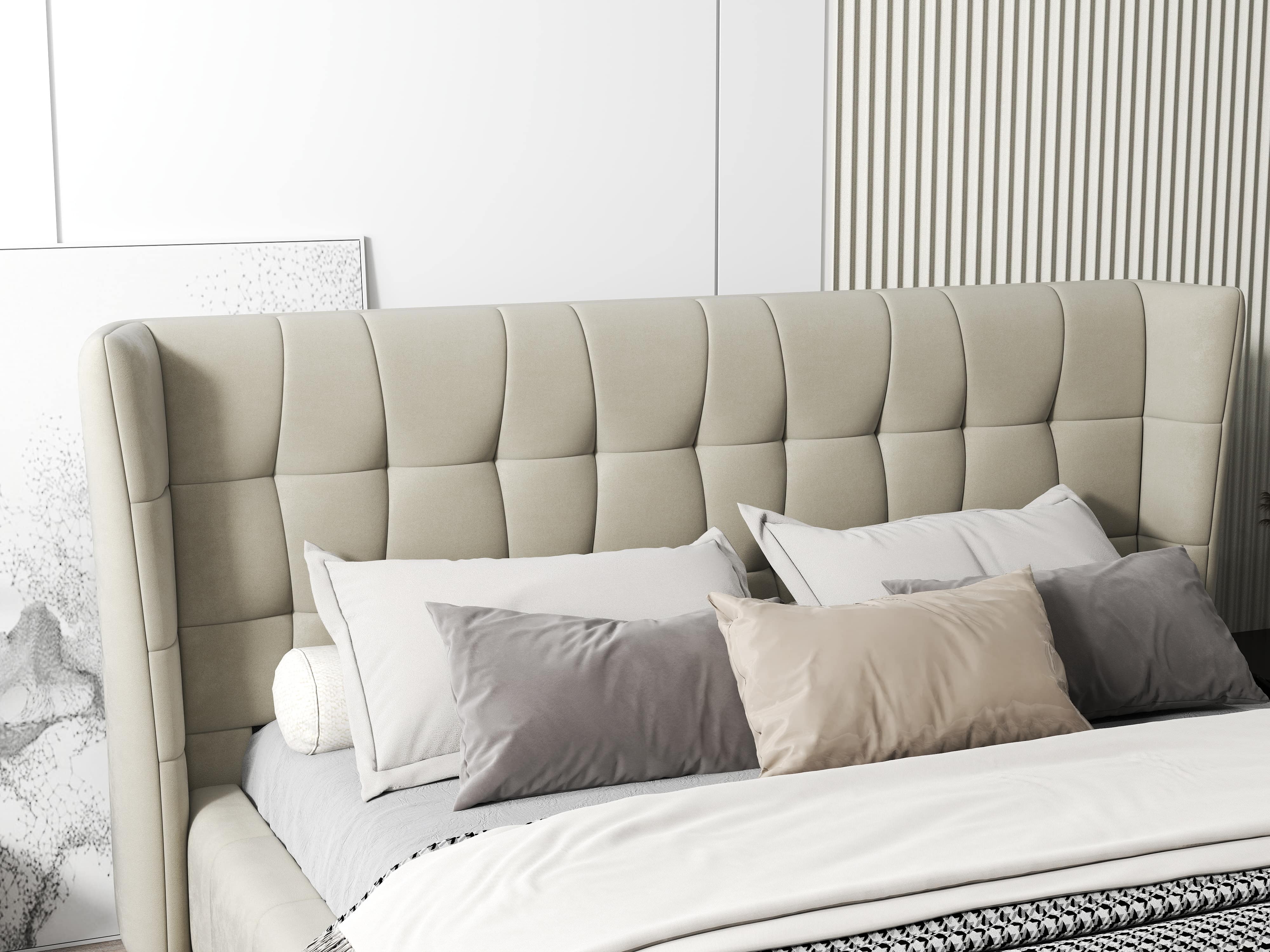 Pat dormitor dumonde, tapitat bej, Bellagio 160x200 cm, somiera fixa inclusa WLS