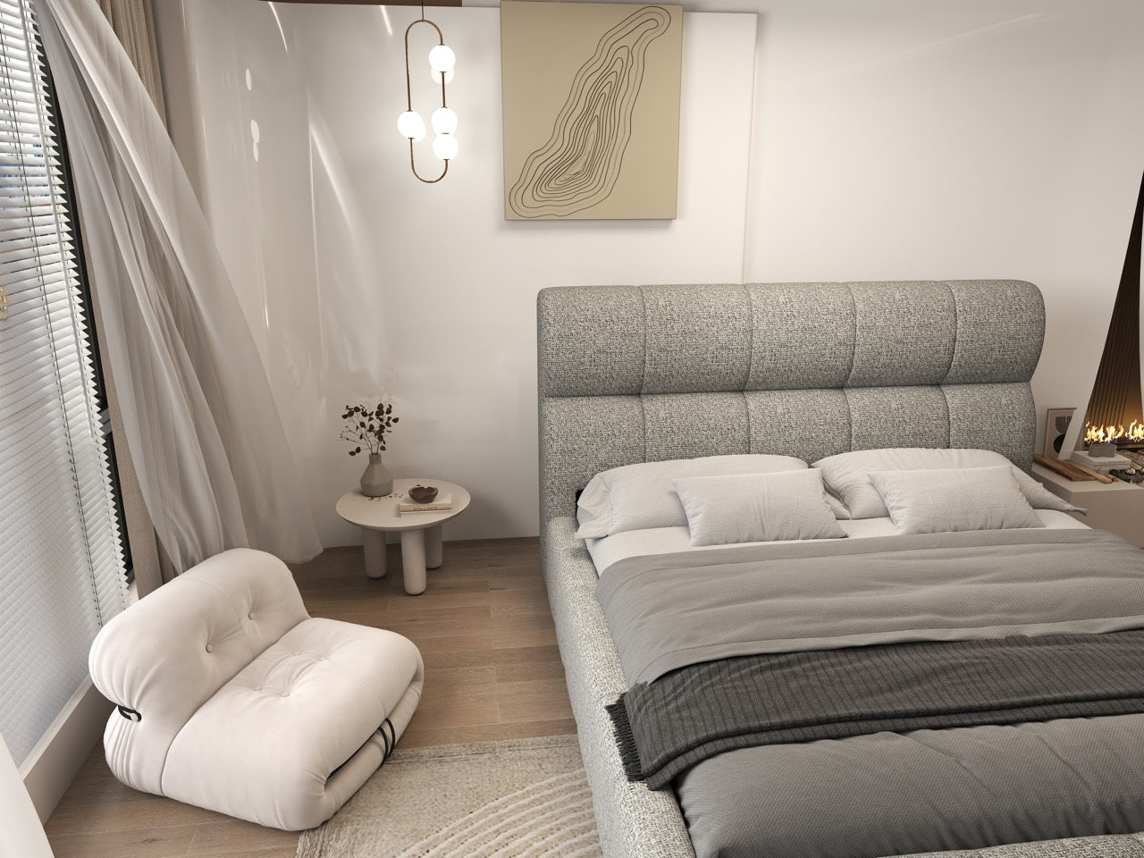 Pat dormitor dumonde, tapitat bej, Prestige 180x200 cm, somiera rabatabila inclusa, spatiu depozitare