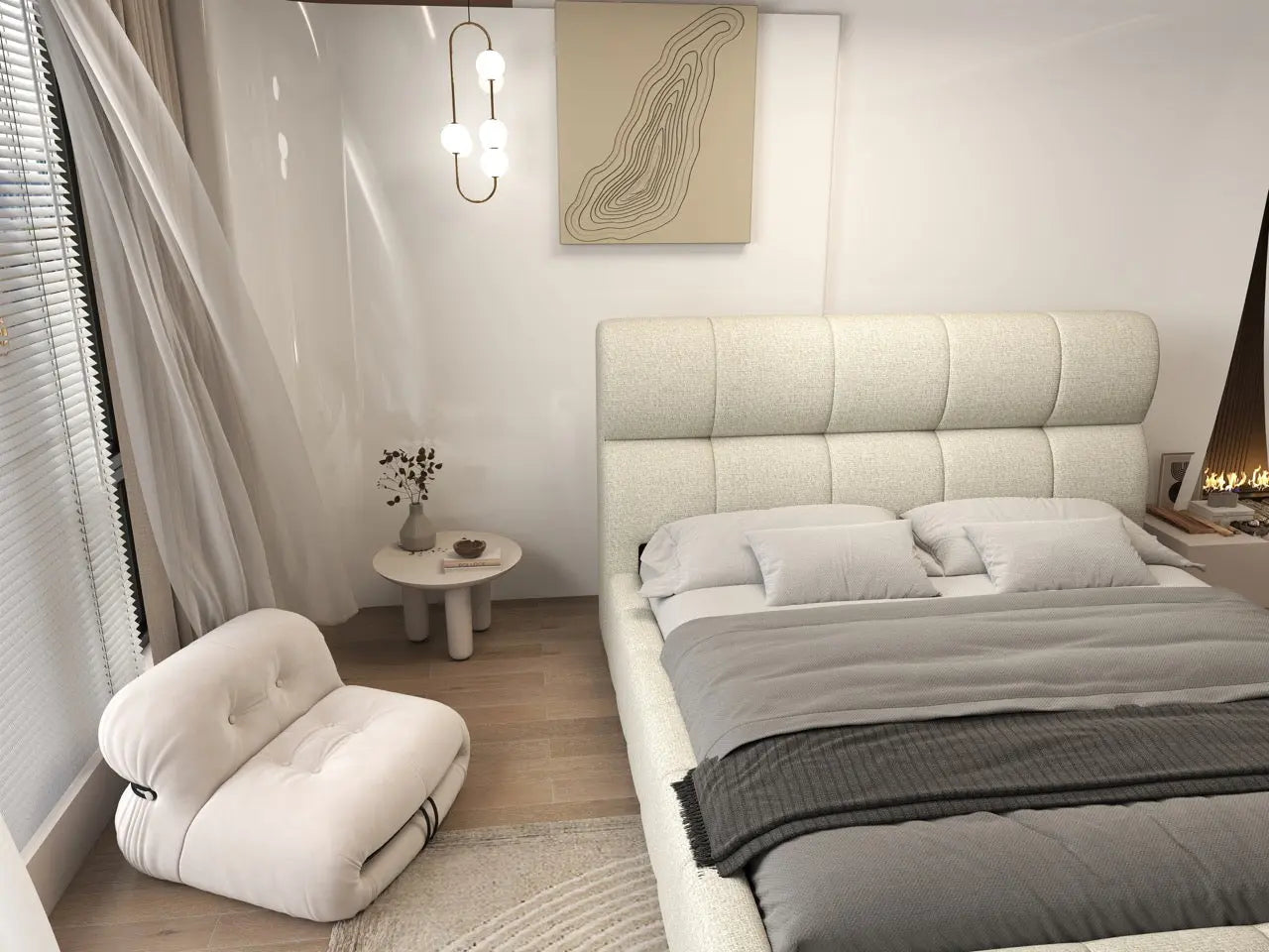 Pat dormitor dumonde, tapitat bej, Prestige 180x200 cm, somiera rabatabila inclusa, spatiu depozitare WLS