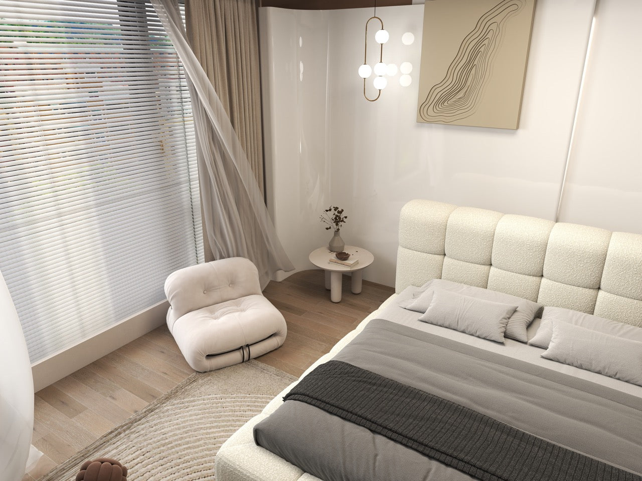 Pat dormitor dumonde, tapitat bej, Lorenzo 180x200 cm, somiera rabatabila inclusa, spatiu depozitare WLS