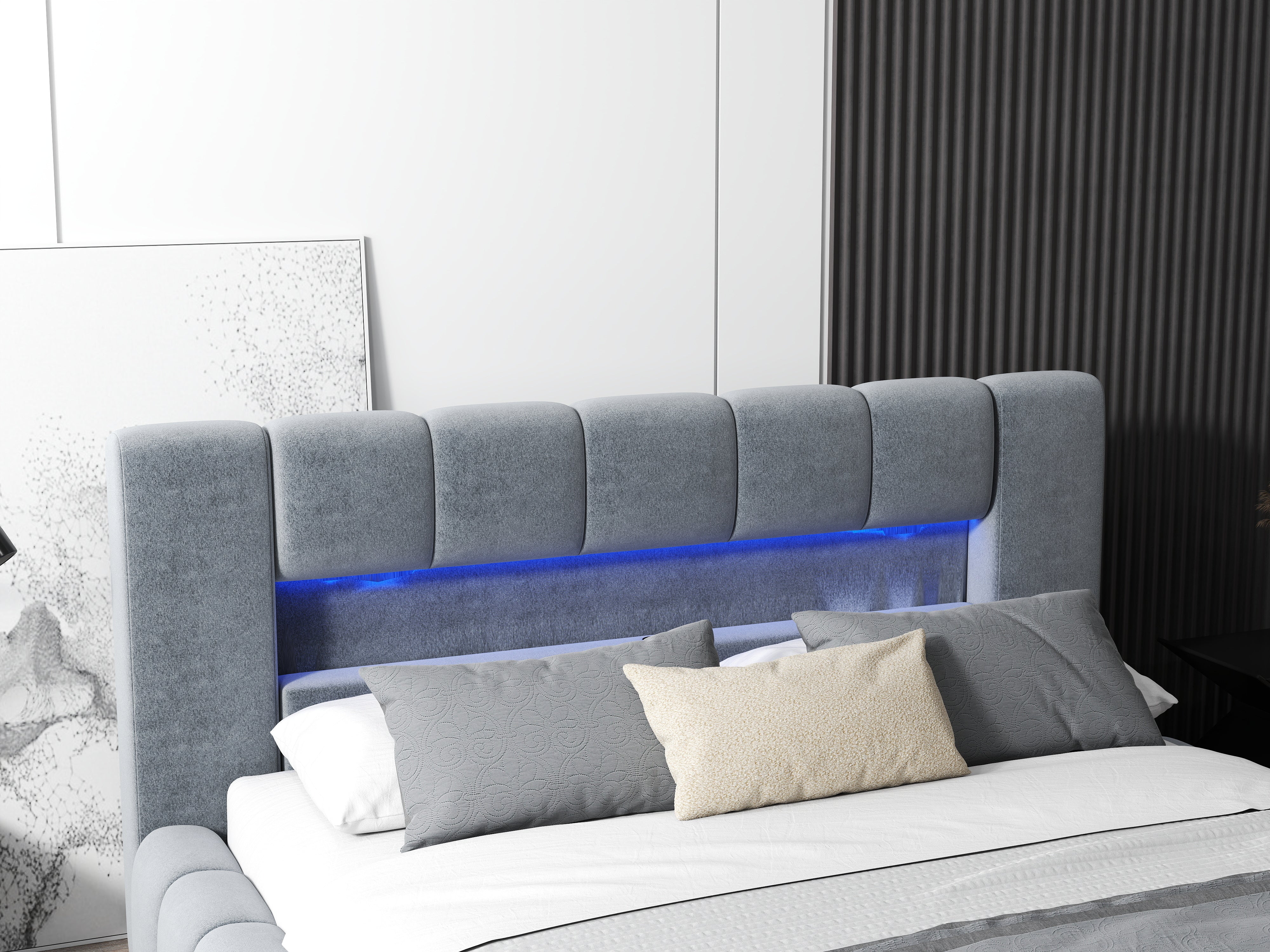 Pat dormitor dumonde, tapitat gri cu LED si USB, Palermo 140x200 cm, somiera rabatabila inclusa, spatiu depozitare WLS