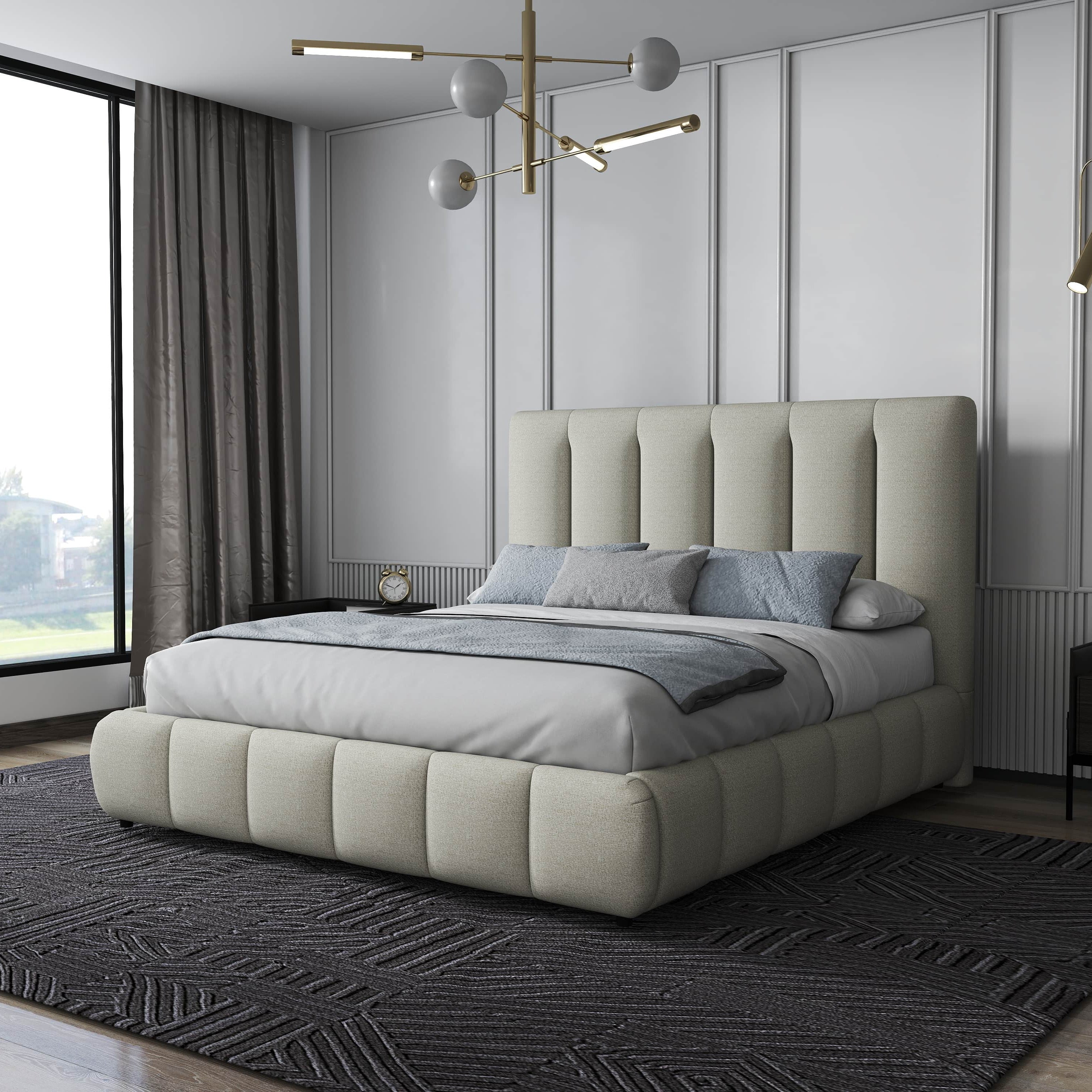 Pat dormitor dumonde, tapitat gri, Divaneo 160x200 cm, somiera rabatabila inclusa, spatiu depozitare WLS