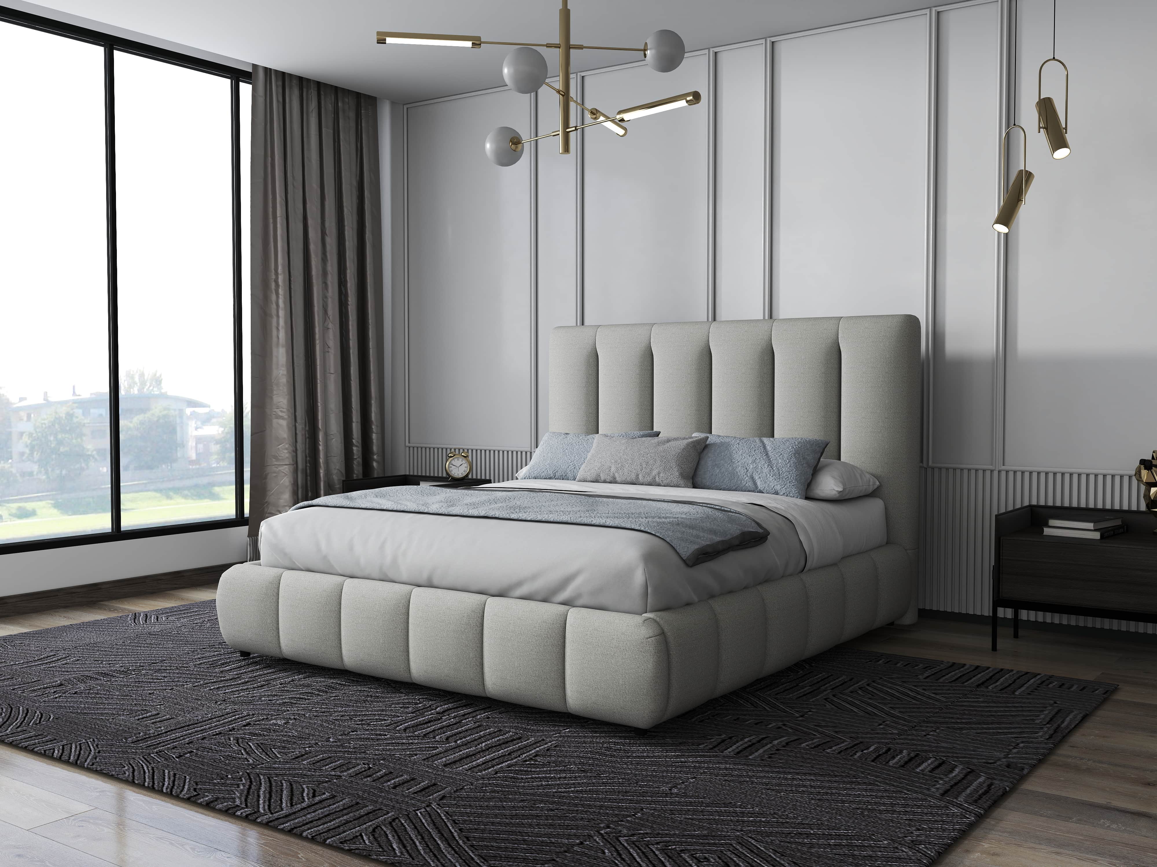 Pat dormitor dumonde, tapitat gri, Divaneo 160x200 cm, somiera rabatabila inclusa, spatiu depozitare WLS