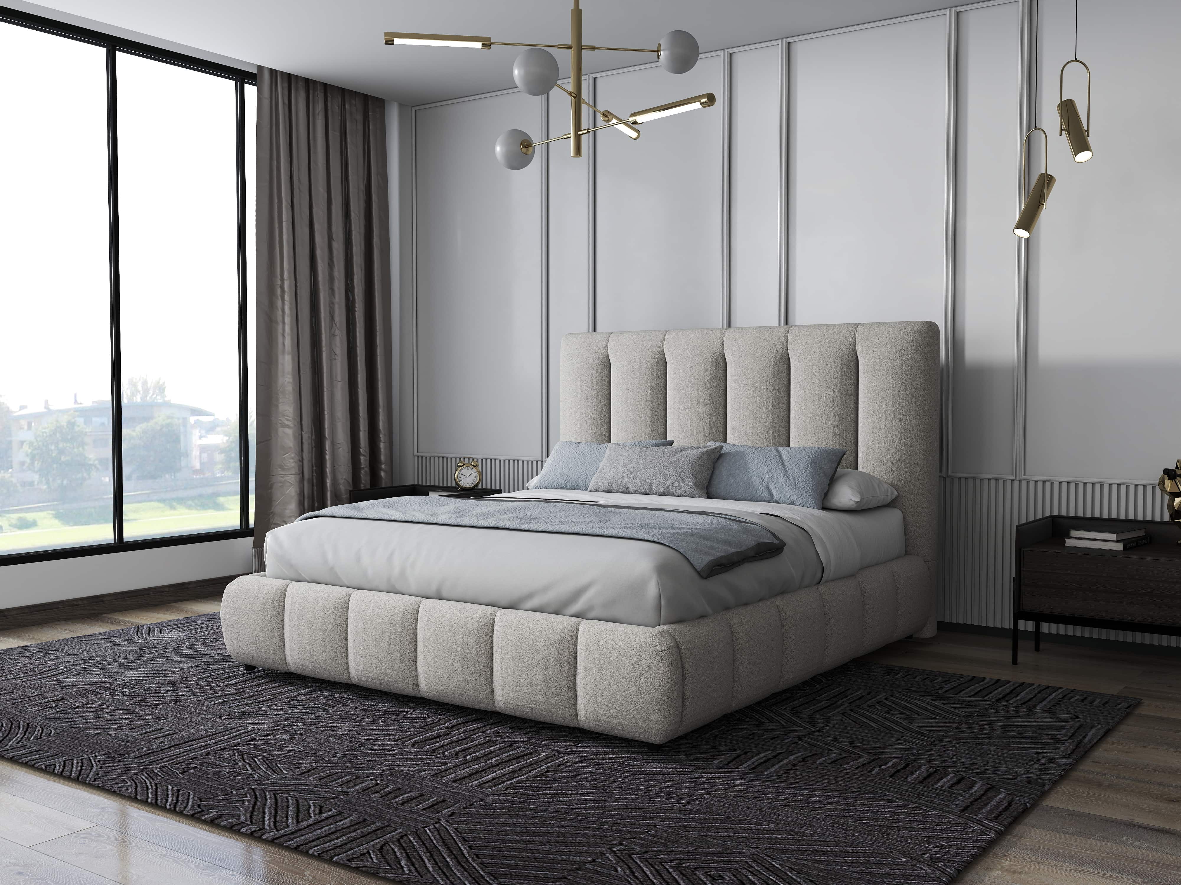 Pat dormitor dumonde, tapitat gri, Divaneo 180x200 cm, somiera rabatabila inclusa, spatiu depozitare WLS