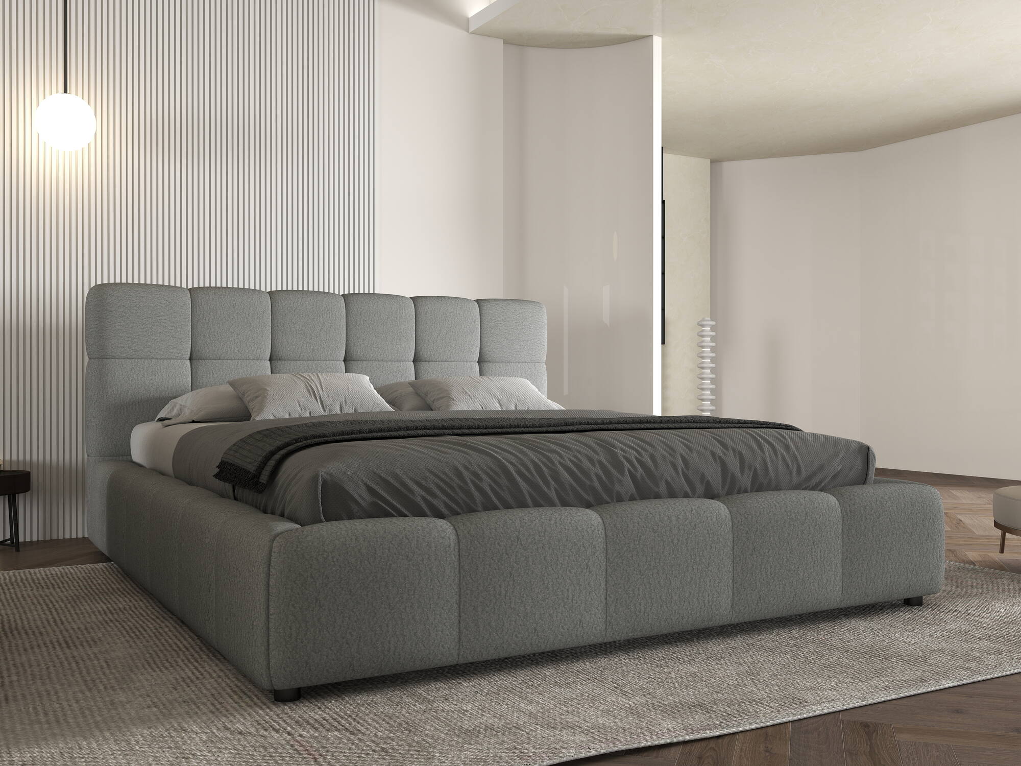 Pat dormitor dumonde, tapitat gri, Lorenzo 180X200 cm, somiera rabatabila inclusa, spatiu depozitare